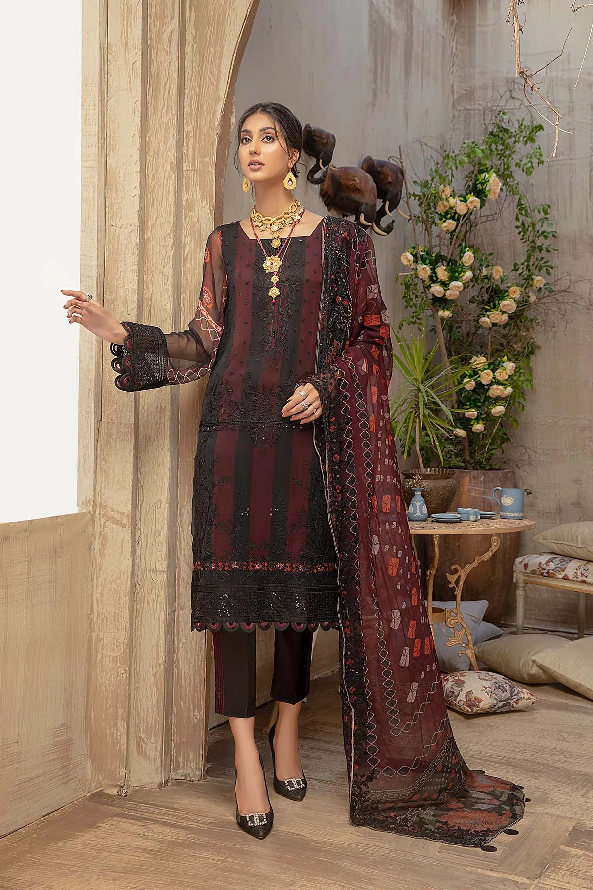 3 Piece Unstitched Embroidered Chiffon VSL-16 - Google SEO friendly.