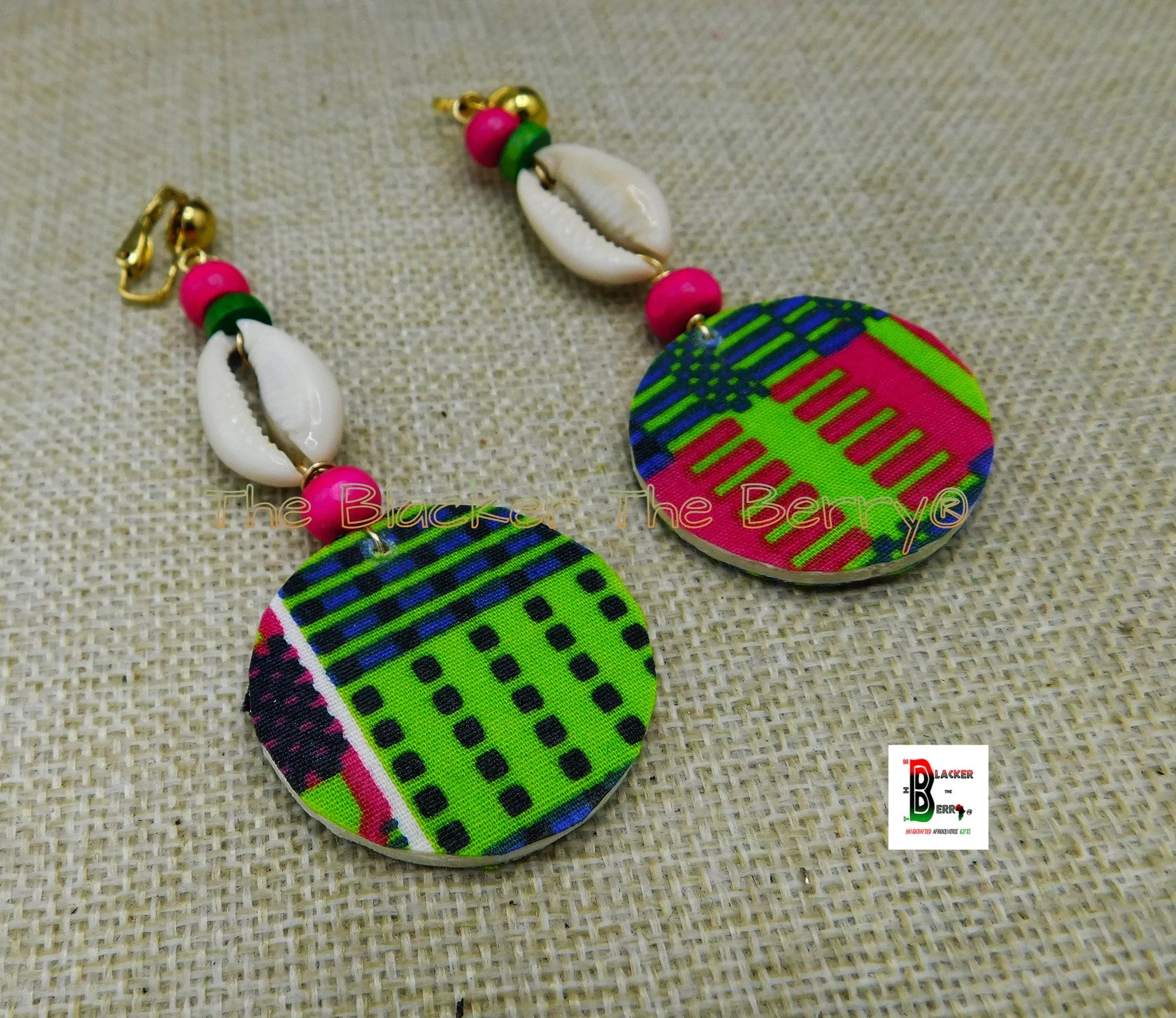 African Ankara Cowrie Clip On Earrings - Handmade Beaded Jewelry (Pink, Green, Blue) - Black Owned