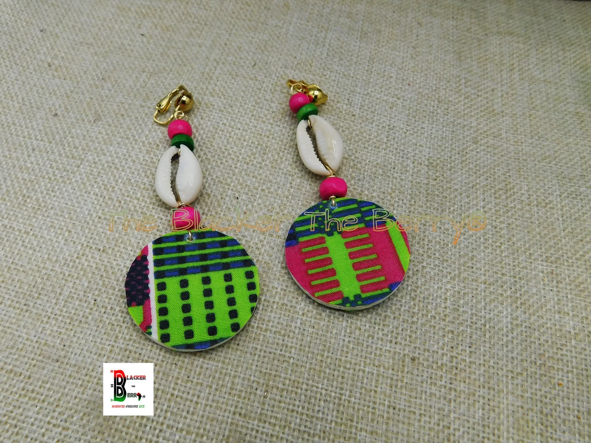 African Ankara Cowrie Clip On Earrings - Handmade Beaded Jewelry (Pink, Green, Blue) - Black Owned