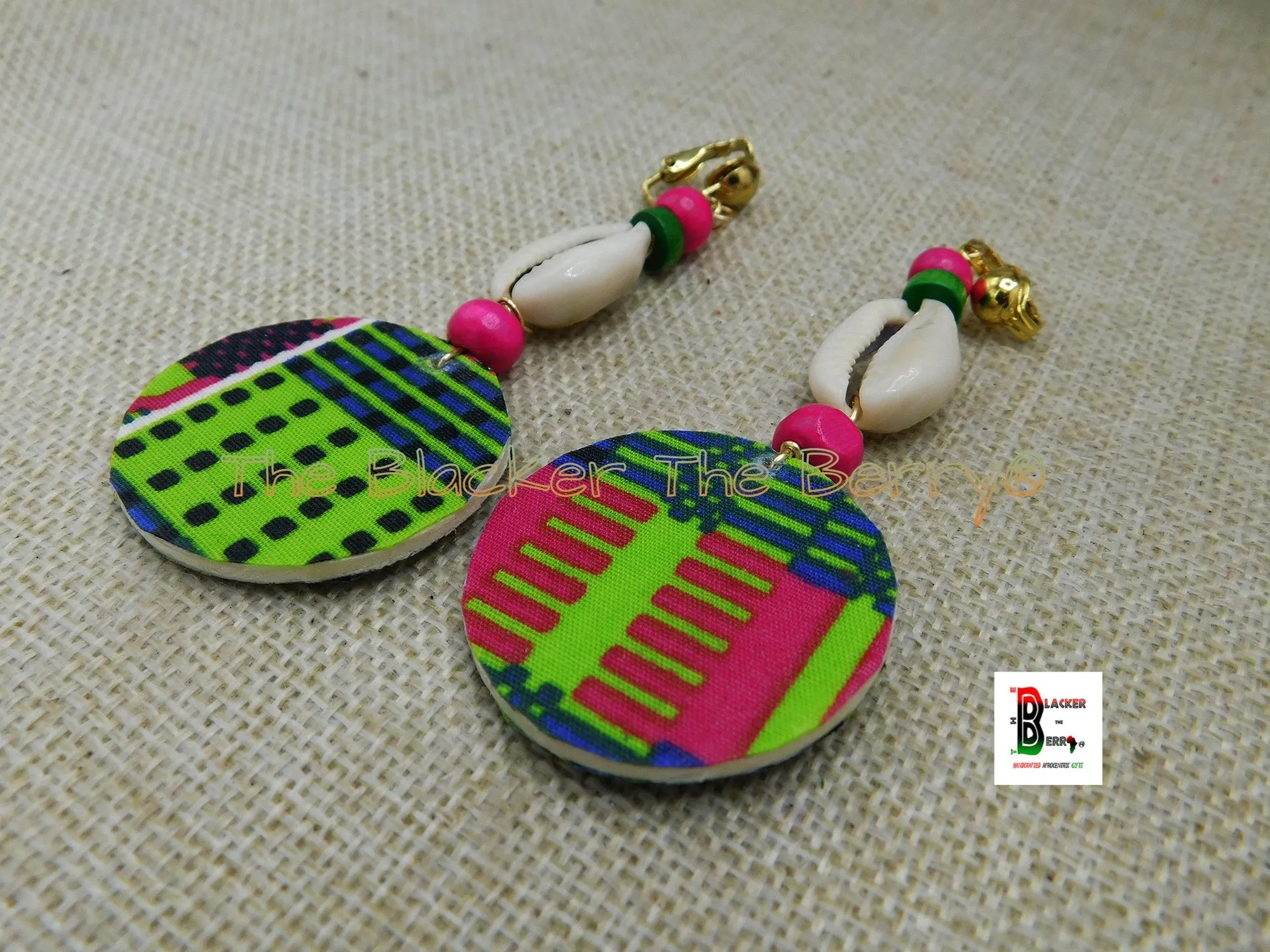 African Ankara Cowrie Clip On Earrings - Handmade Beaded Jewelry (Pink, Green, Blue) - Black Owned