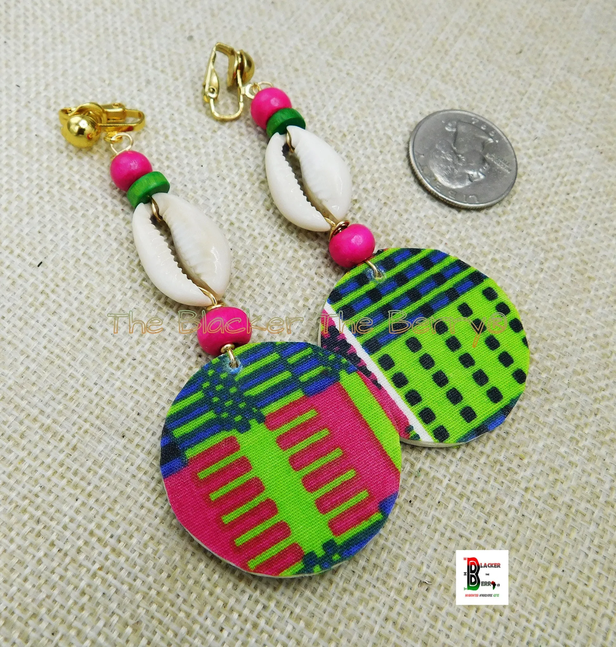 African Ankara Cowrie Clip On Earrings - Handmade Beaded Jewelry (Pink, Green, Blue) - Black Owned