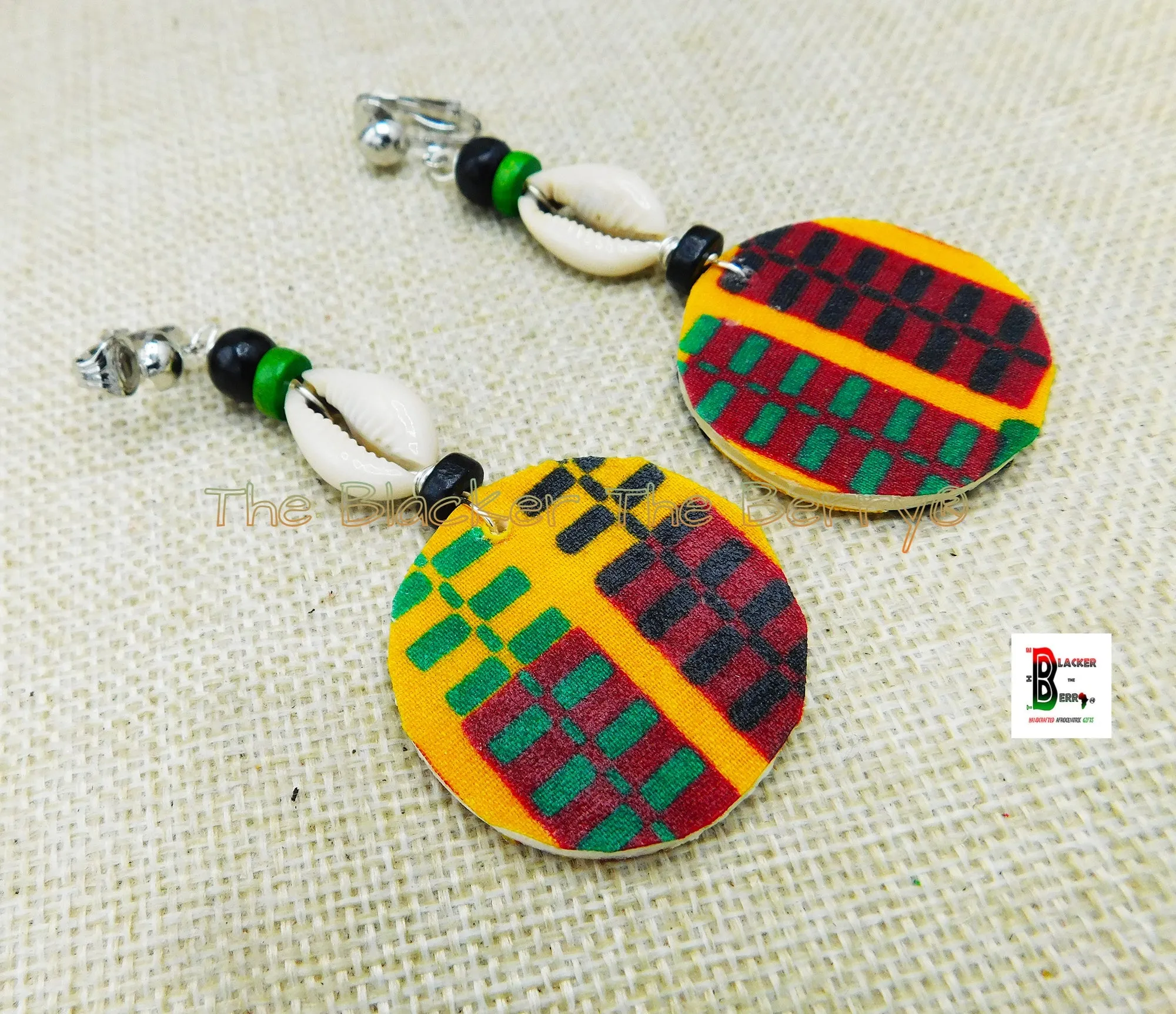 African Ankara Earrings | Cowrie Beaded Jewelry | Handmade | Black Owned