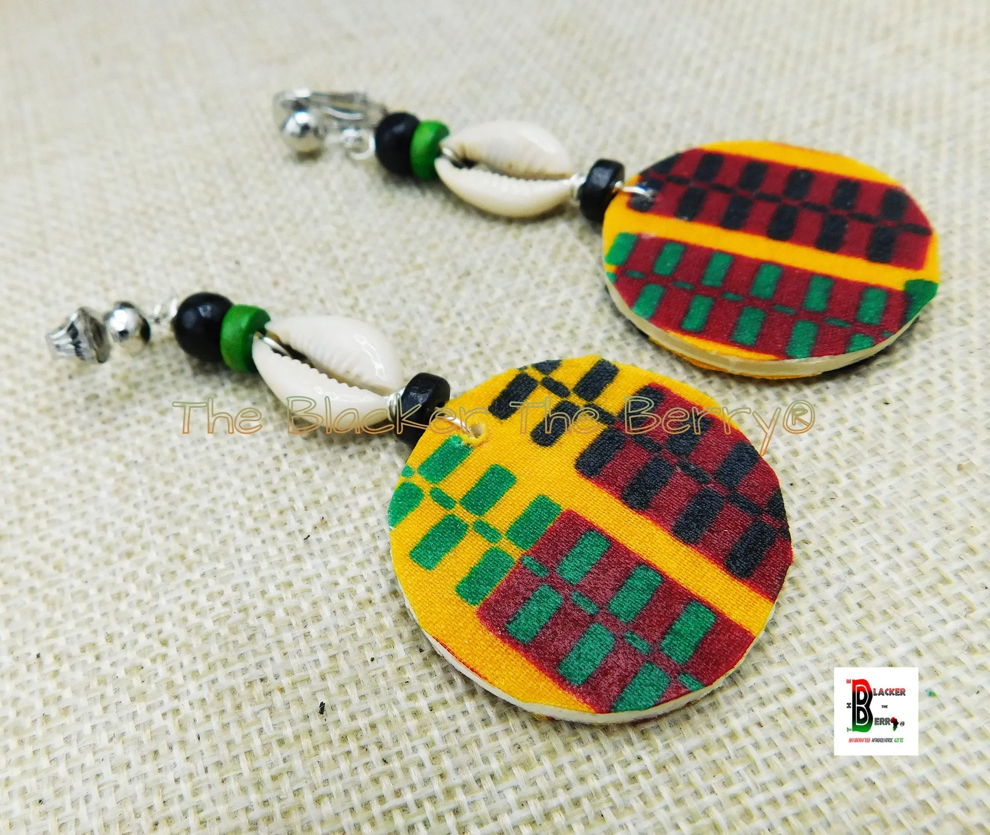 African Ankara Earrings | Cowrie Beaded Jewelry | Handmade | Black Owned