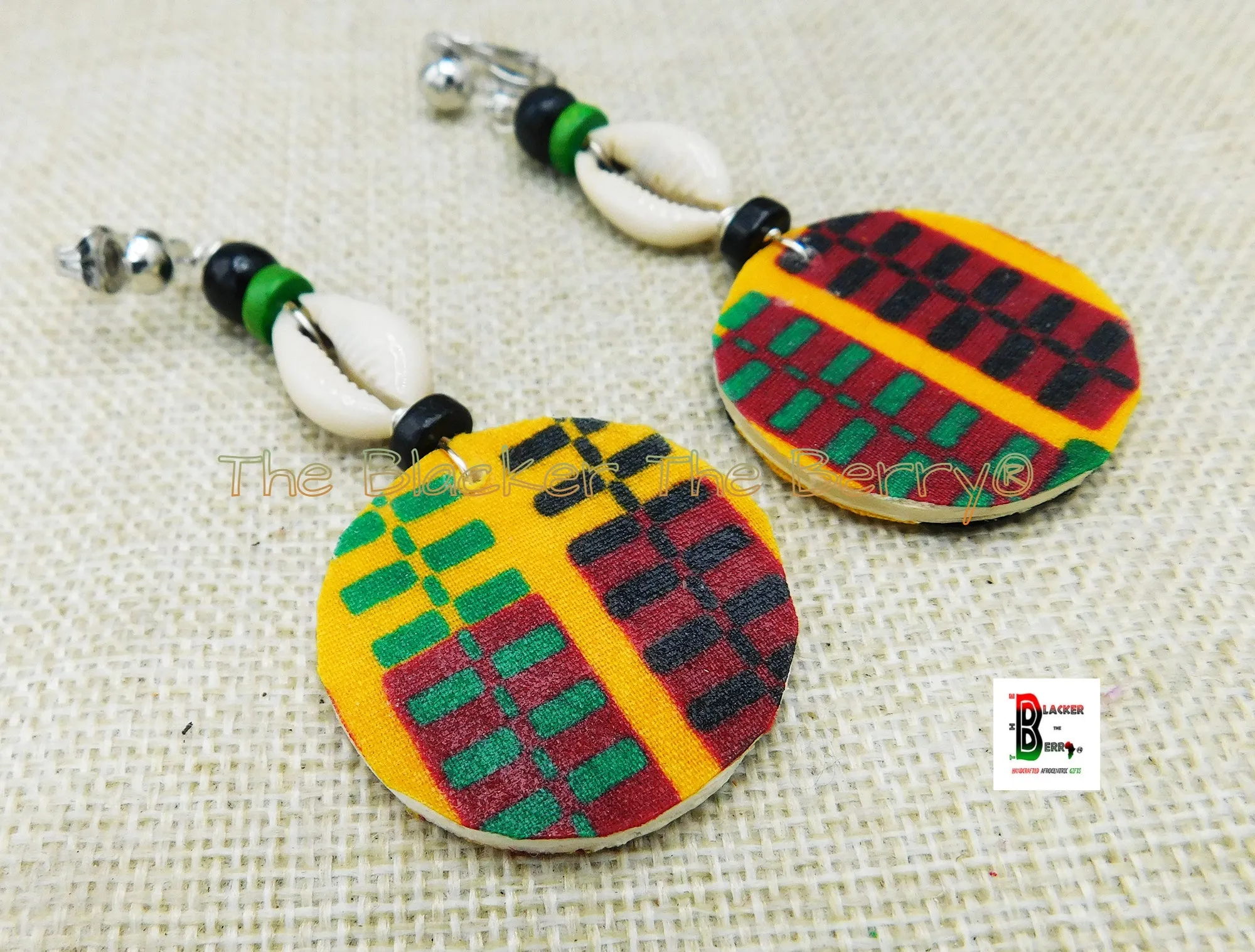 African Ankara Earrings | Cowrie Beaded Jewelry | Handmade | Black Owned