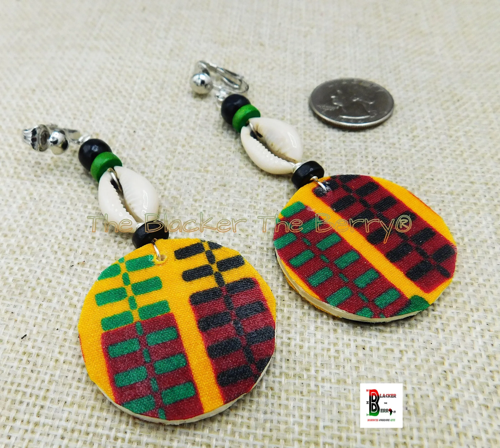 African Ankara Earrings | Cowrie Beaded Jewelry | Handmade | Black Owned