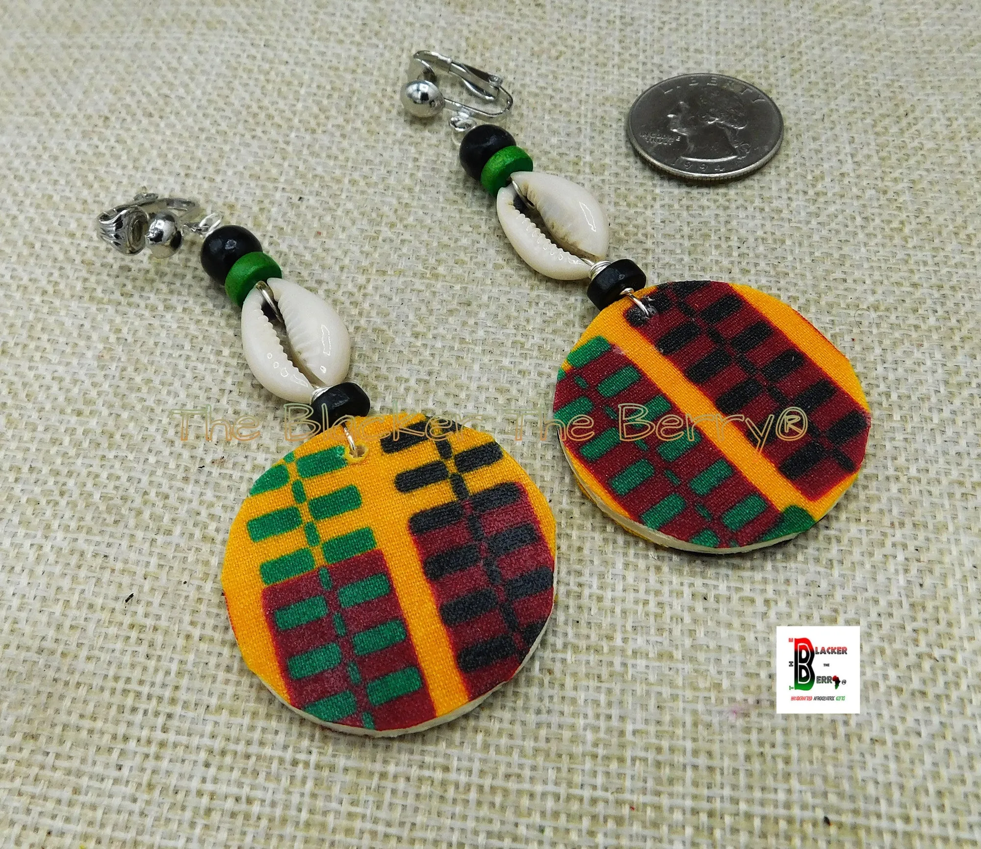 African Ankara Earrings | Cowrie Beaded Jewelry | Handmade | Black Owned