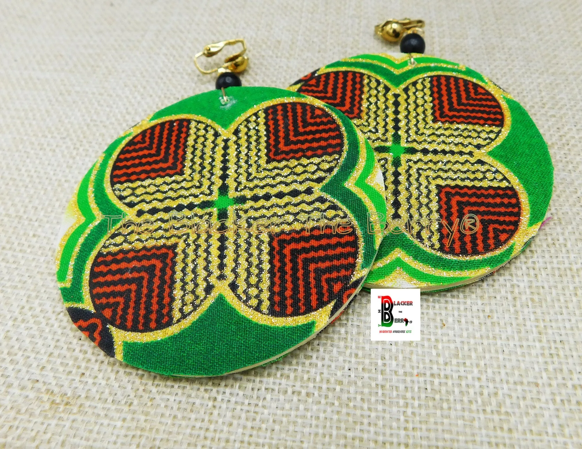 African Ankara Red Green Gold Handmade Jewelry Clip On Earrings - Black Owned