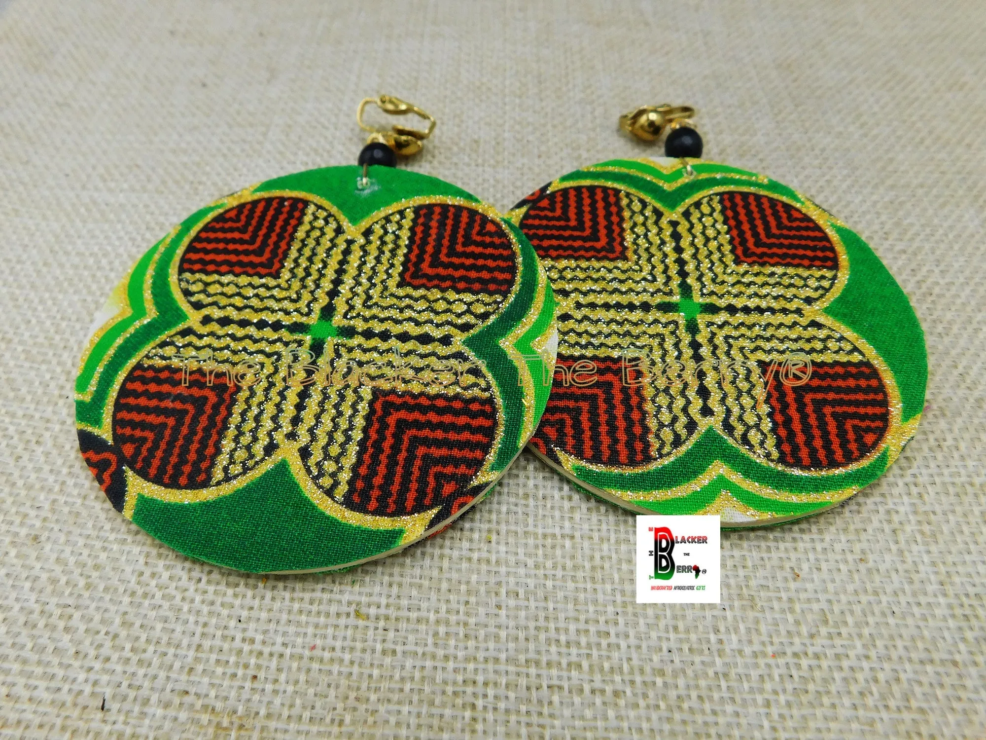 African Ankara Red Green Gold Handmade Jewelry Clip On Earrings - Black Owned