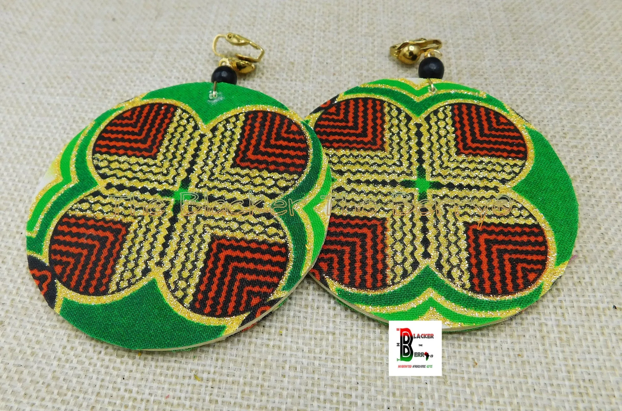 African Ankara Red Green Gold Handmade Jewelry Clip On Earrings - Black Owned