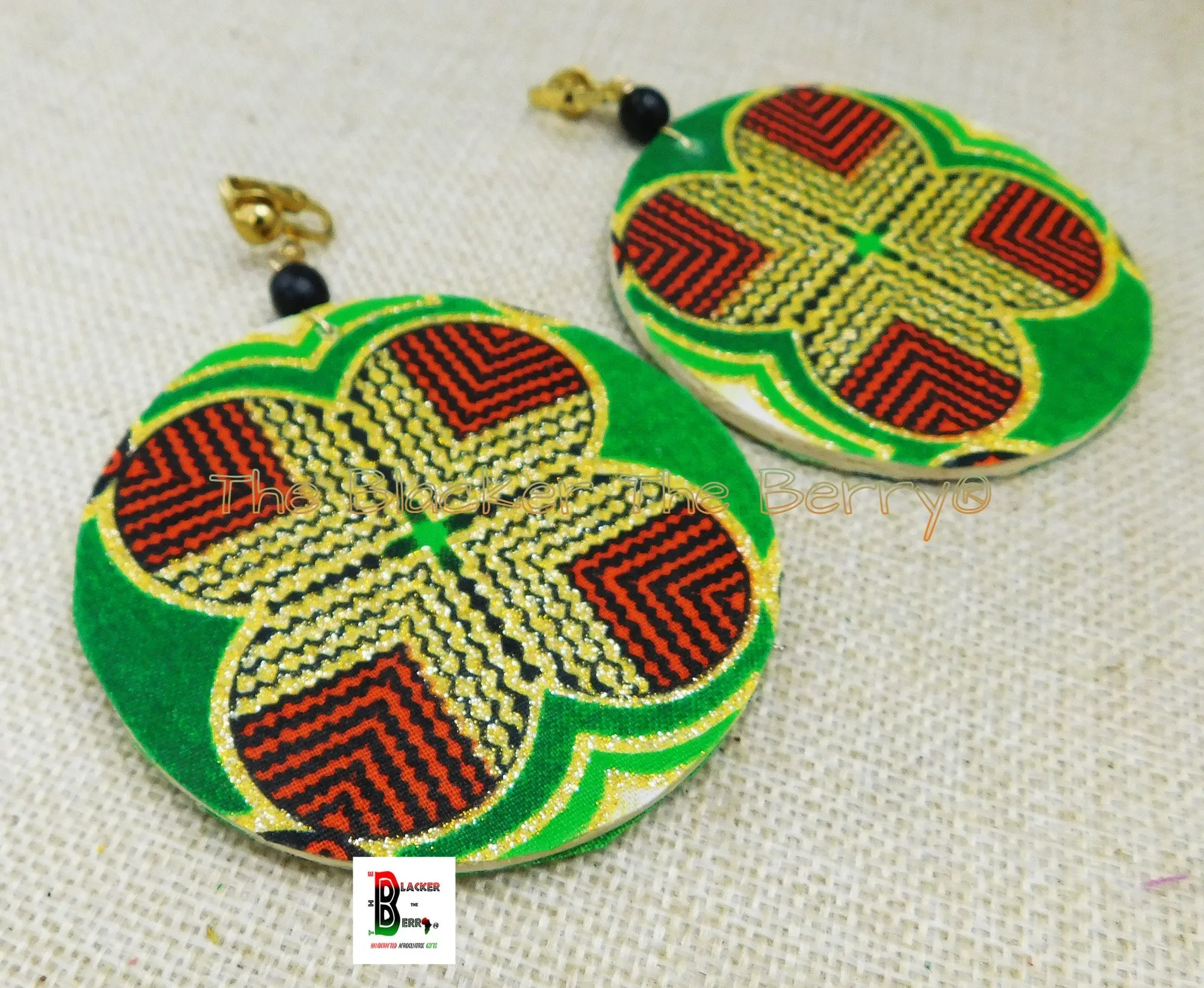 African Ankara Red Green Gold Handmade Jewelry Clip On Earrings - Black Owned