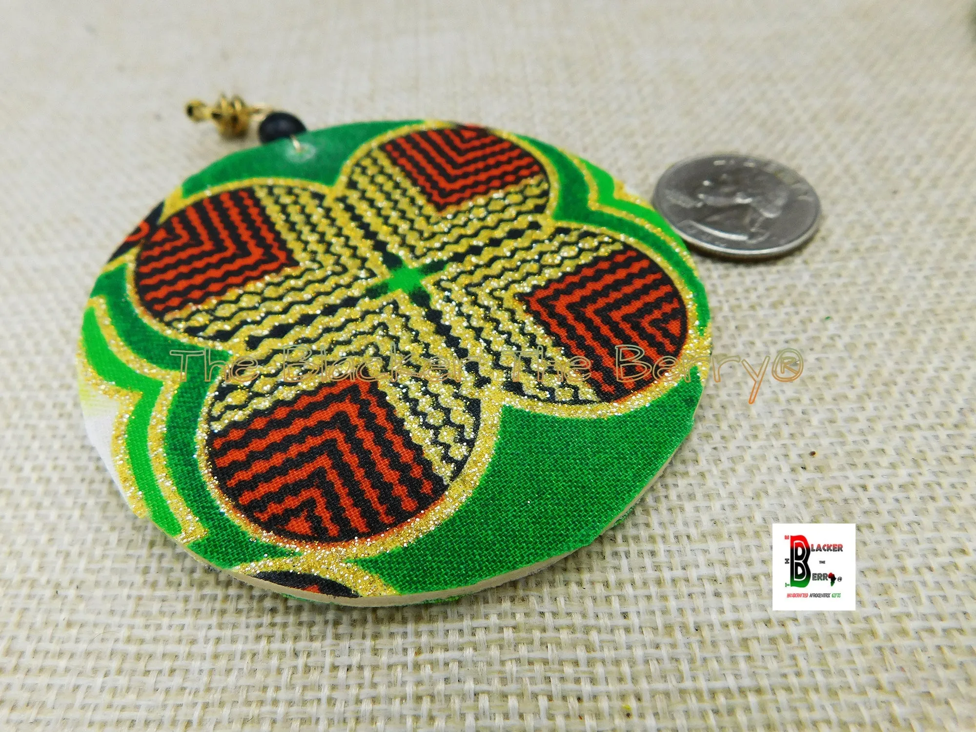 African Ankara Red Green Gold Handmade Jewelry Clip On Earrings - Black Owned