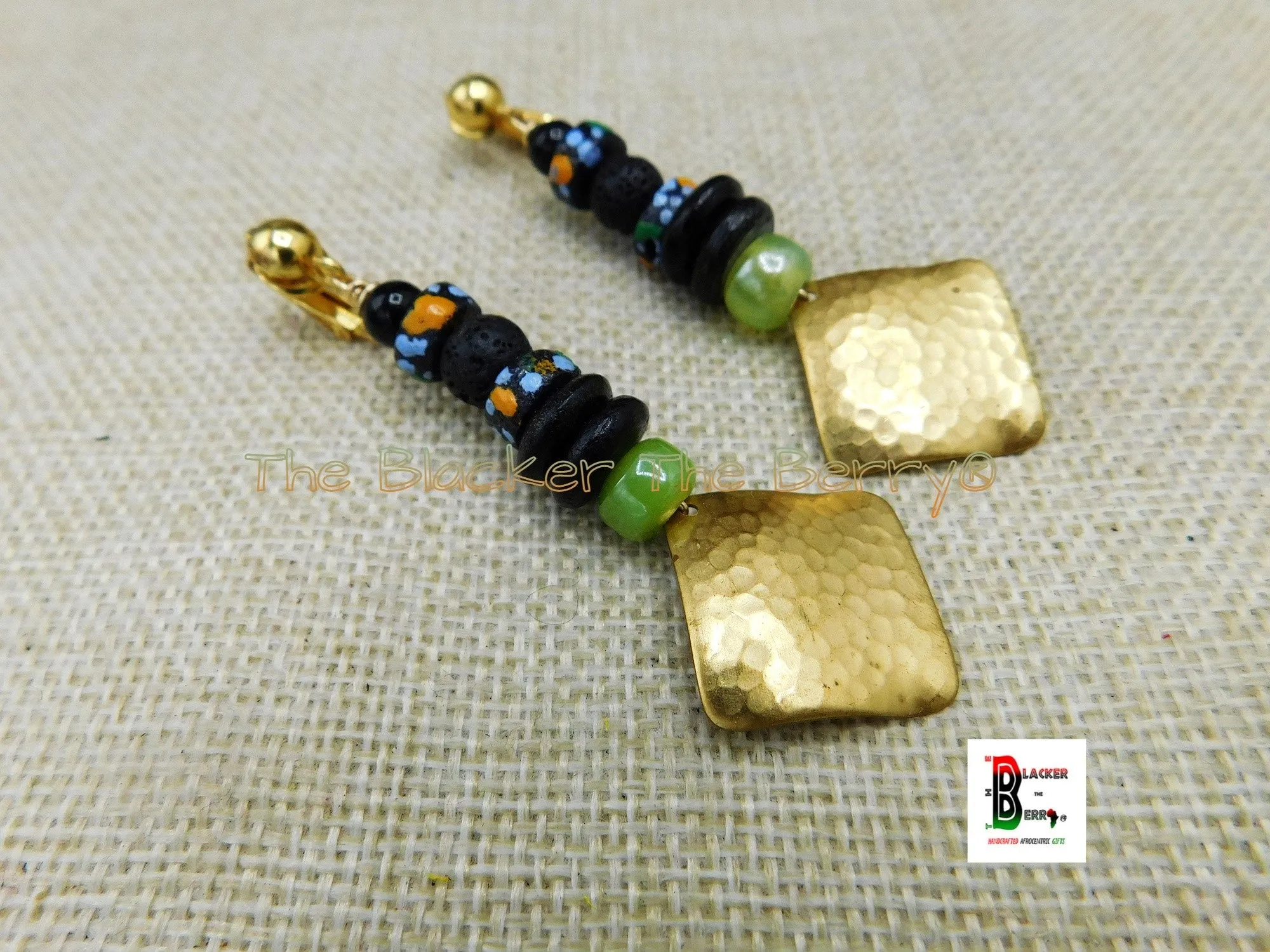 African Brass Green Black Gold Orange Beaded Clip On Earrings Non Pierced Jewelry