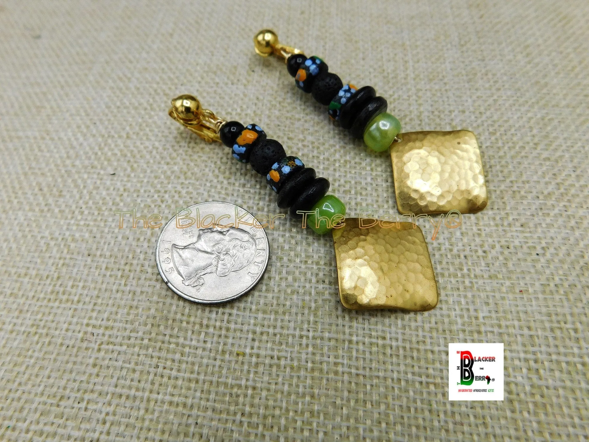 African Brass Green Black Gold Orange Beaded Clip On Earrings Non Pierced Jewelry