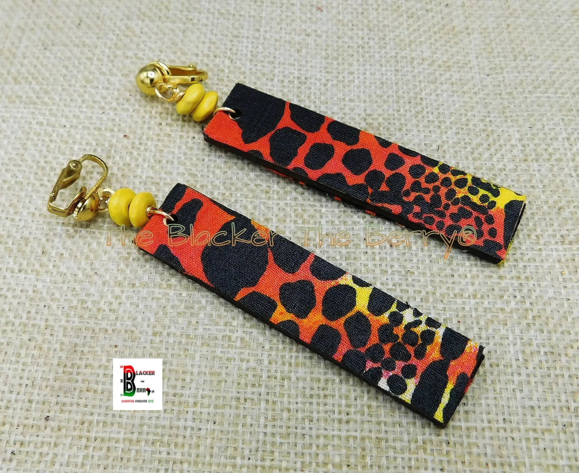 Ankara Clip On Earrings Handmade Jewelry Black Pink Yellow White Black Owned - Ankara Clip On Earrings Handcrafted Jewelry Black