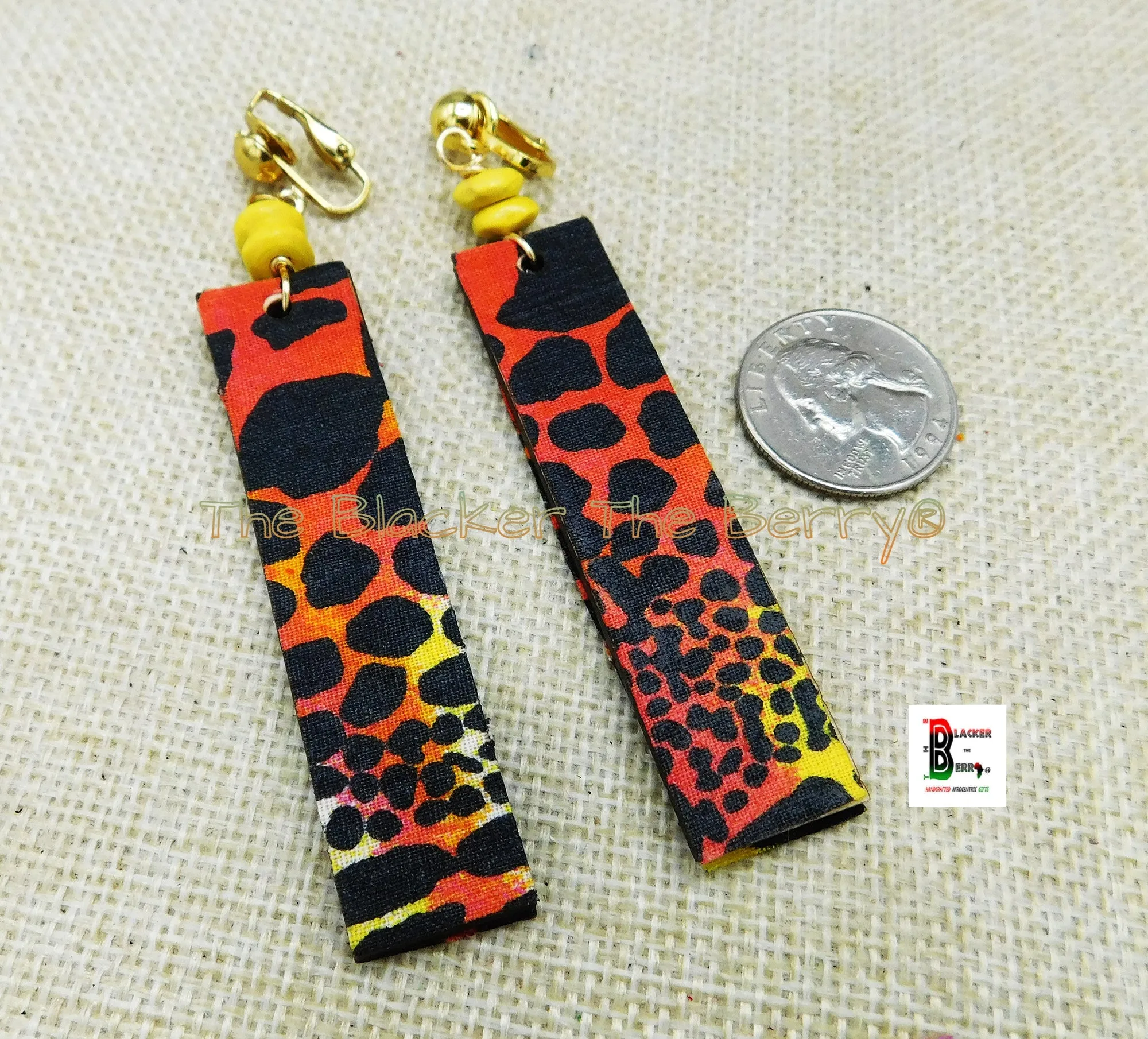 Ankara Clip On Earrings Handmade Jewelry Black Pink Yellow White Black Owned - Ankara Clip On Earrings Handcrafted Jewelry Black