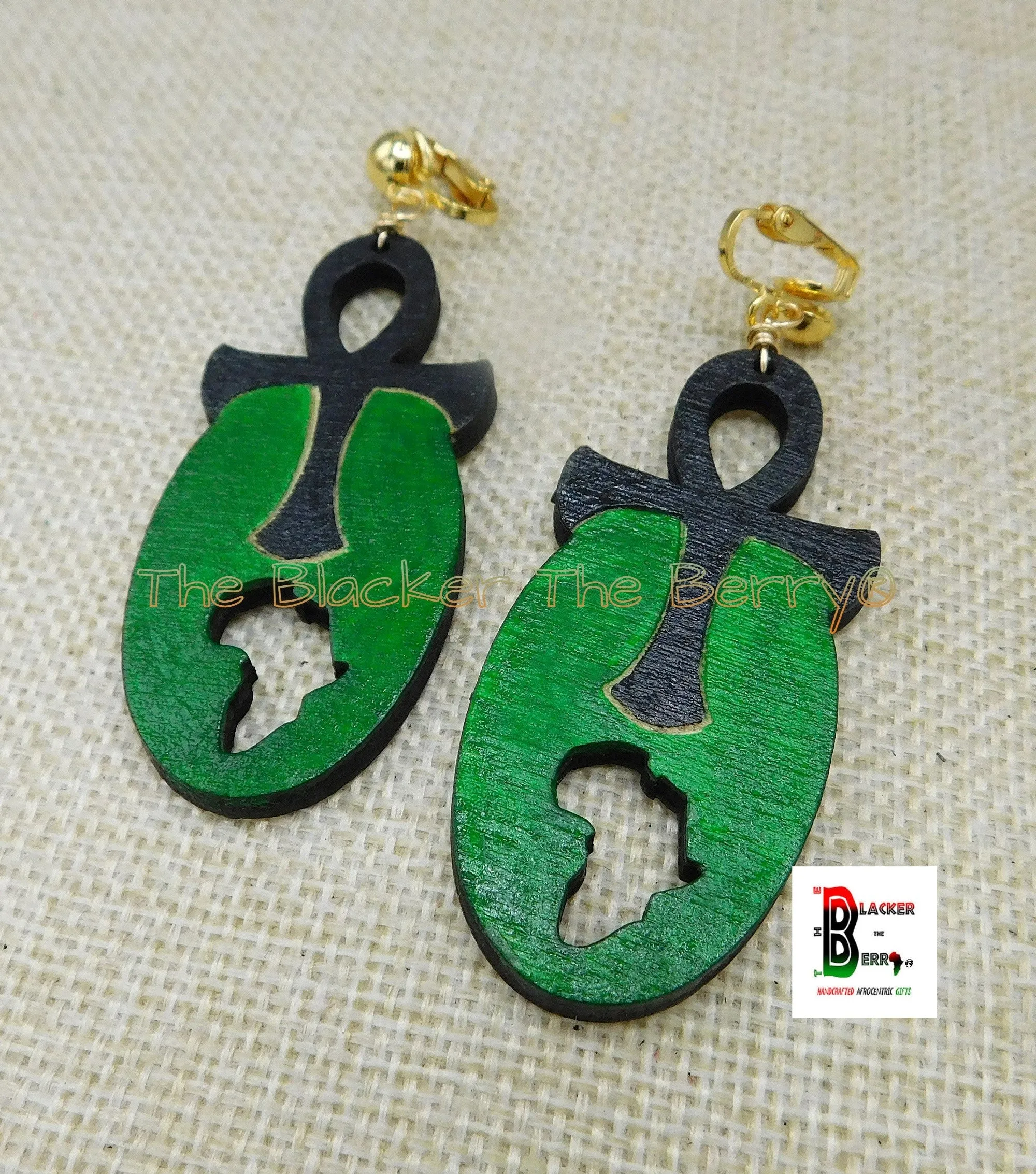 Ankh Clip On Earrings - African Handmade Wooden Jewelry in Green and Black, Non-Pierced Afrocentric Style