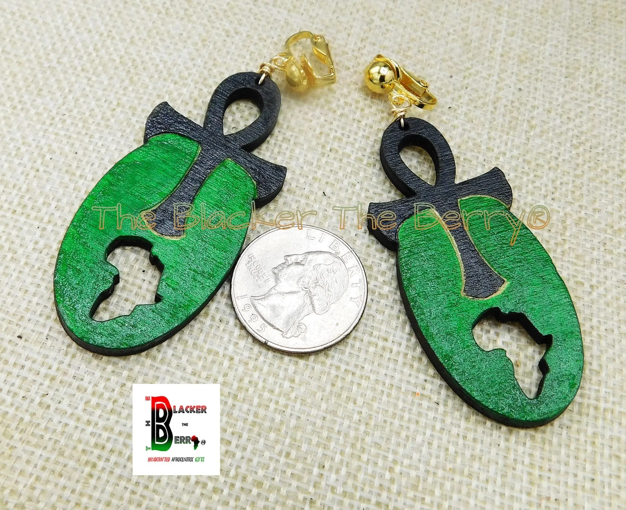 Ankh Clip On Earrings - African Handmade Wooden Jewelry in Green and Black, Non-Pierced Afrocentric Style