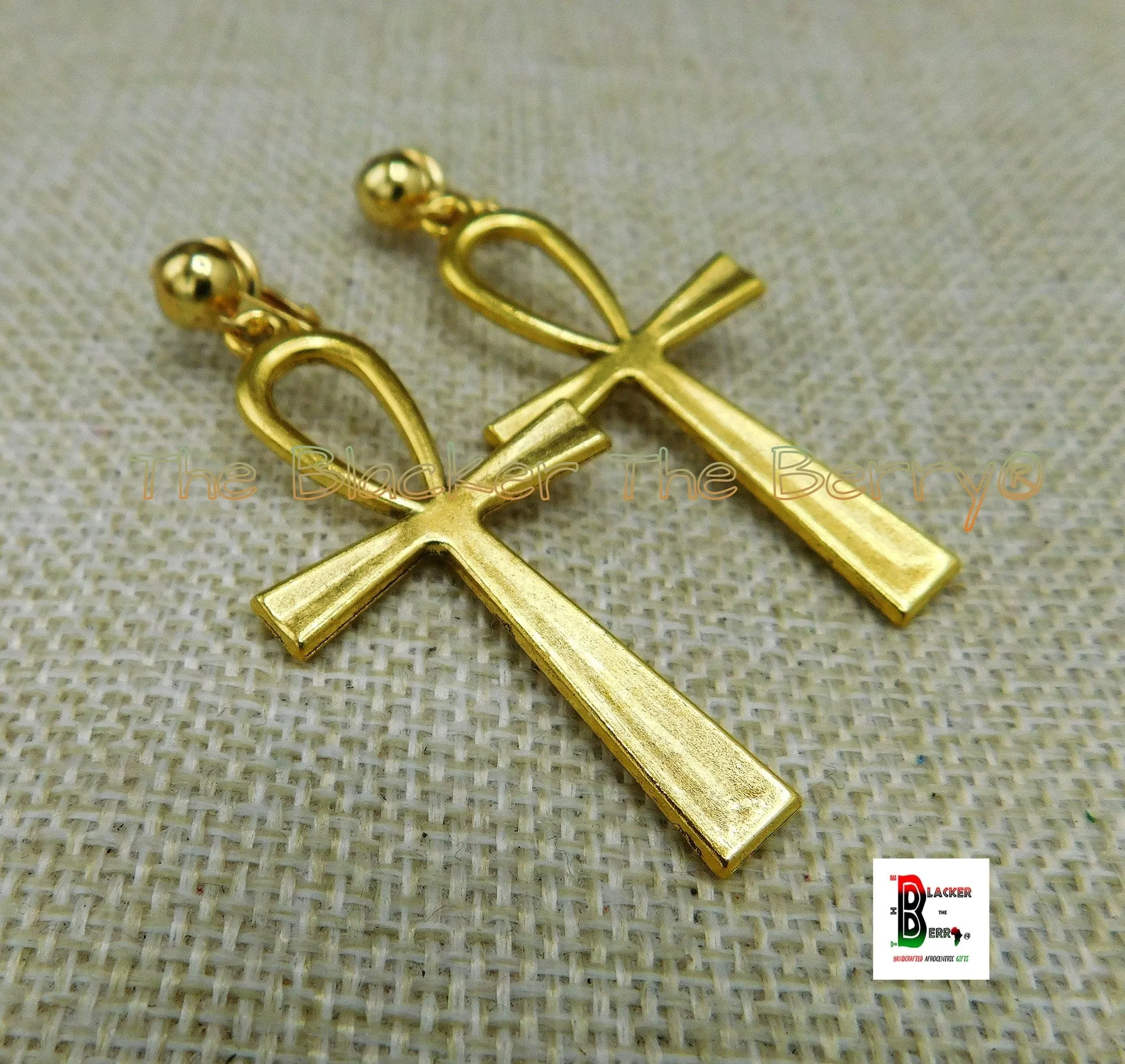 Antique Gold Ankh Earrings Clip On Non Pierced Dangle Egyptian Jewelry