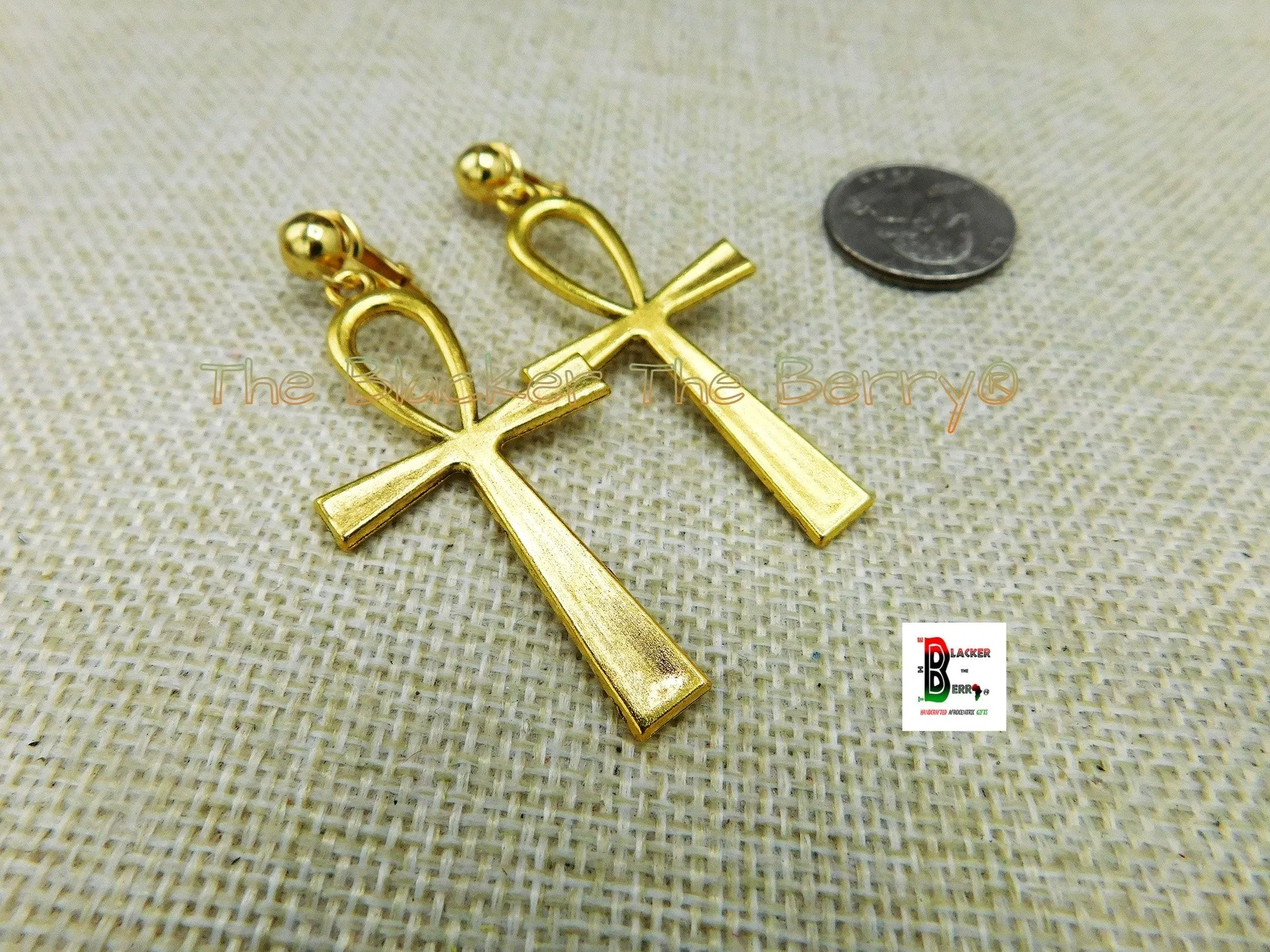 Antique Gold Ankh Earrings Clip On Non Pierced Dangle Egyptian Jewelry