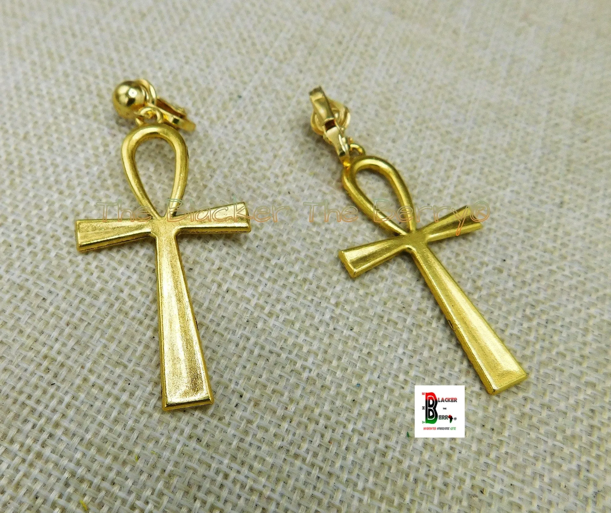 Antique Gold Ankh Earrings Clip On Non Pierced Dangle Egyptian Jewelry