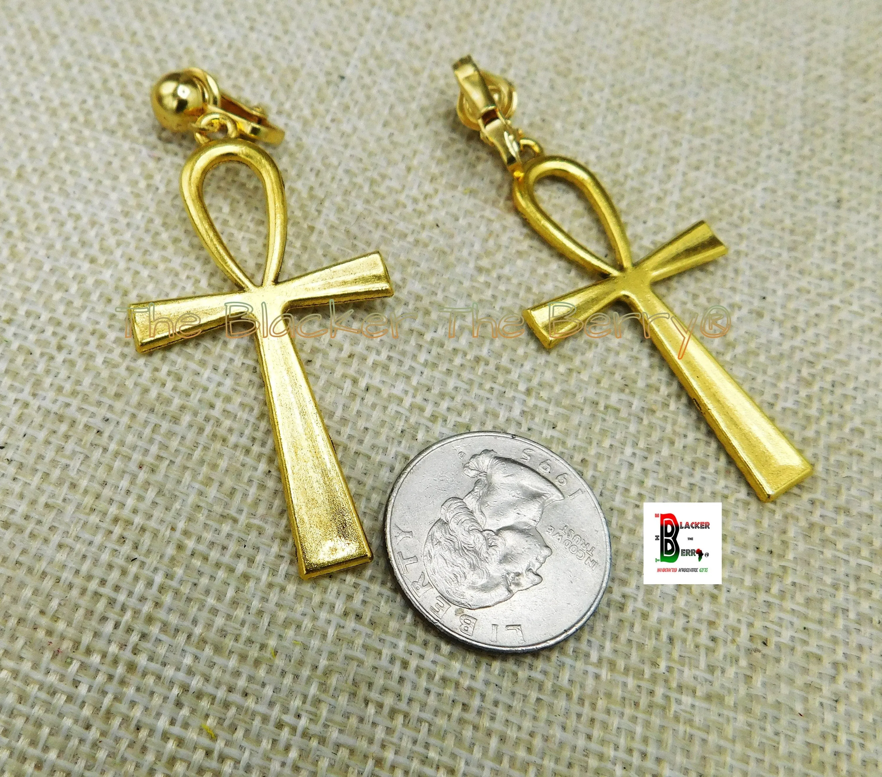 Antique Gold Ankh Earrings Clip On Non Pierced Dangle Egyptian Jewelry