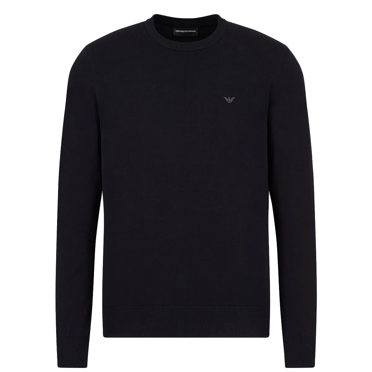 Armani dark navy crew neck jumper with eagle logo.