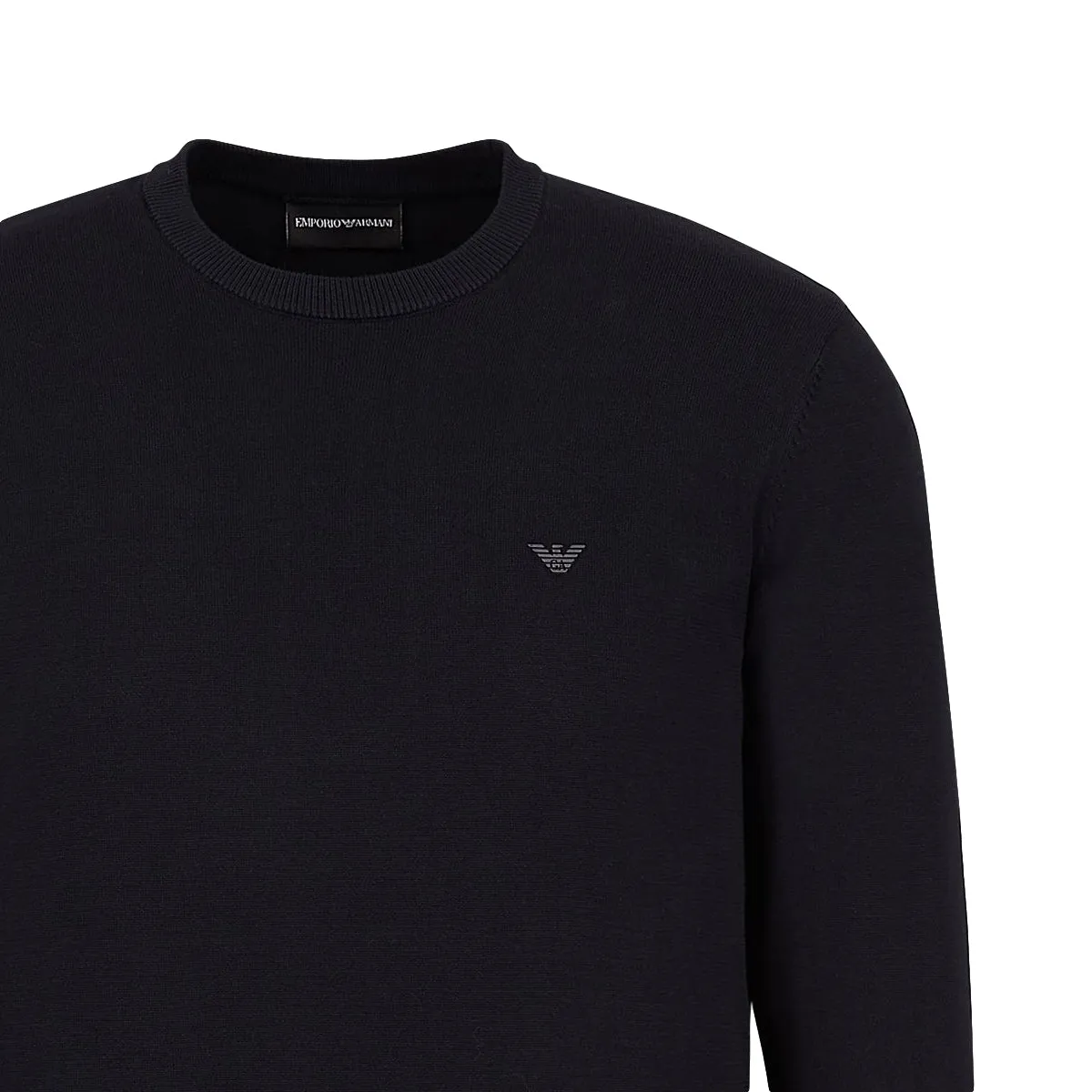 Armani dark navy crew neck jumper with eagle logo.