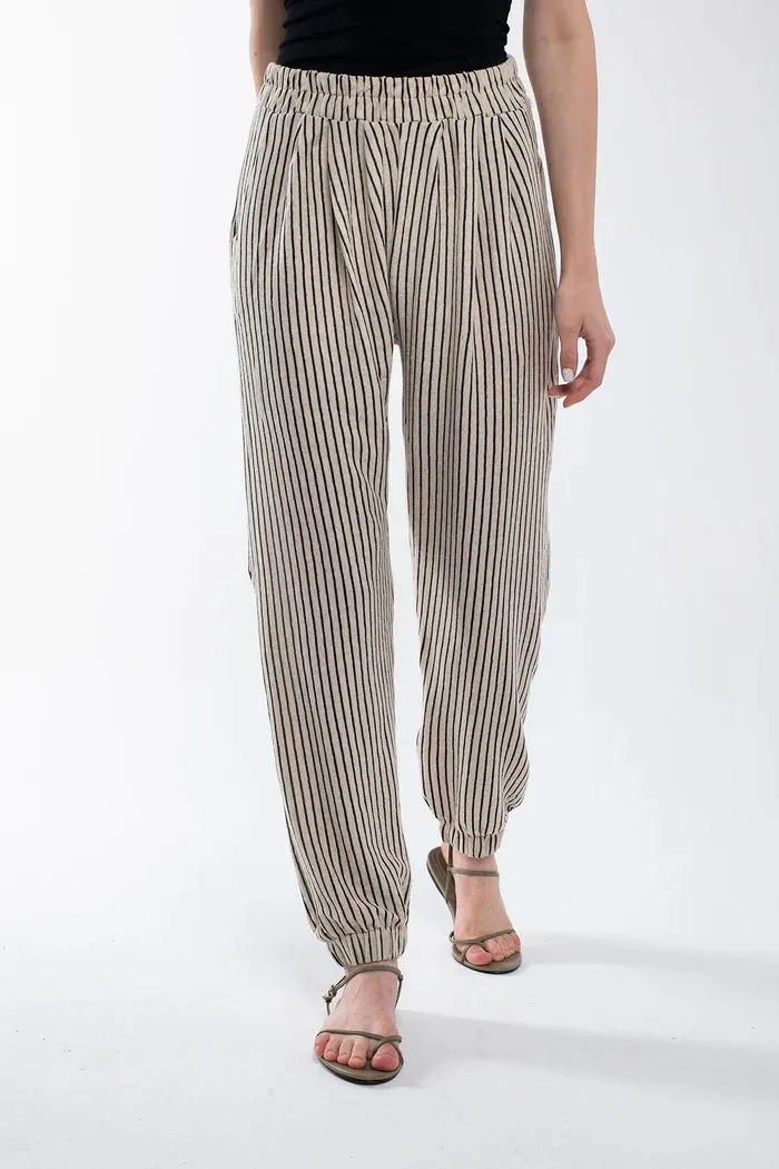 Bee Alpaca Striped Linen Pants Elastic Legs