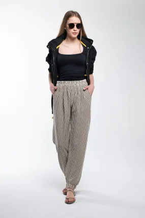 Bee Alpaca Striped Linen Pants Elastic Legs