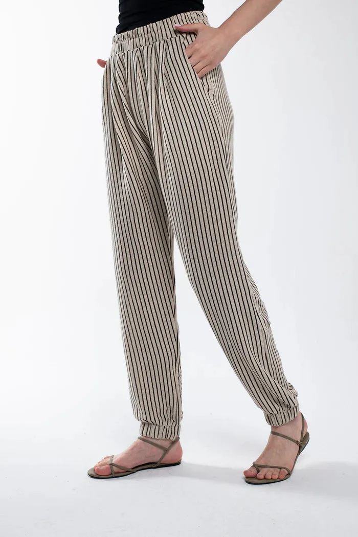 Bee Alpaca Striped Linen Pants Elastic Legs