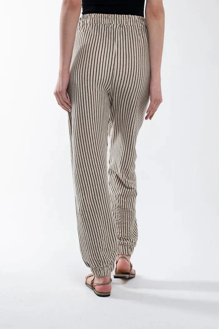 Bee Alpaca Striped Linen Pants Elastic Legs