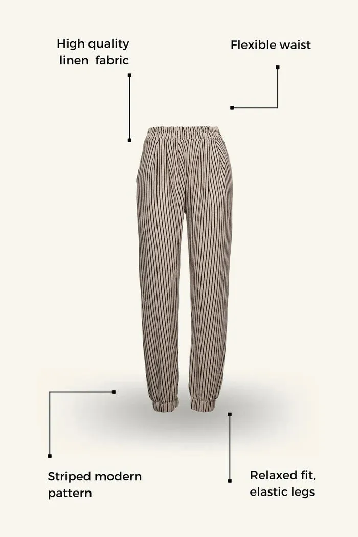 Bee Alpaca Striped Linen Pants Elastic Legs