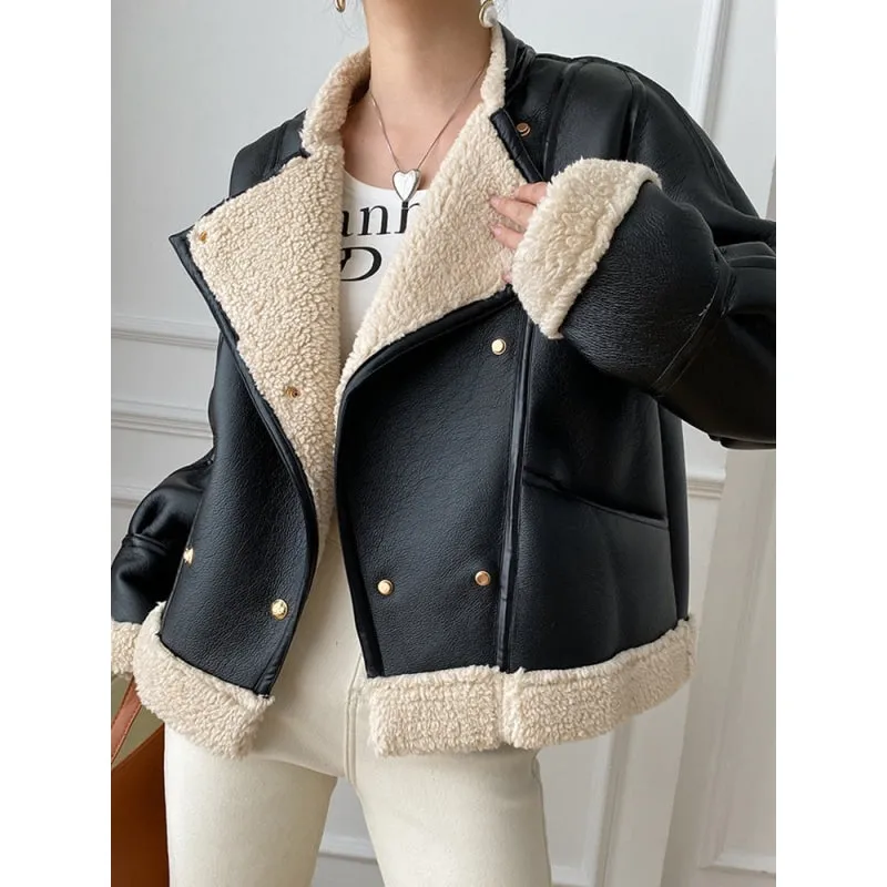 Biker Fur Jacket for Women - Double Breasted, Thick & Warm Faux Lamb Leather