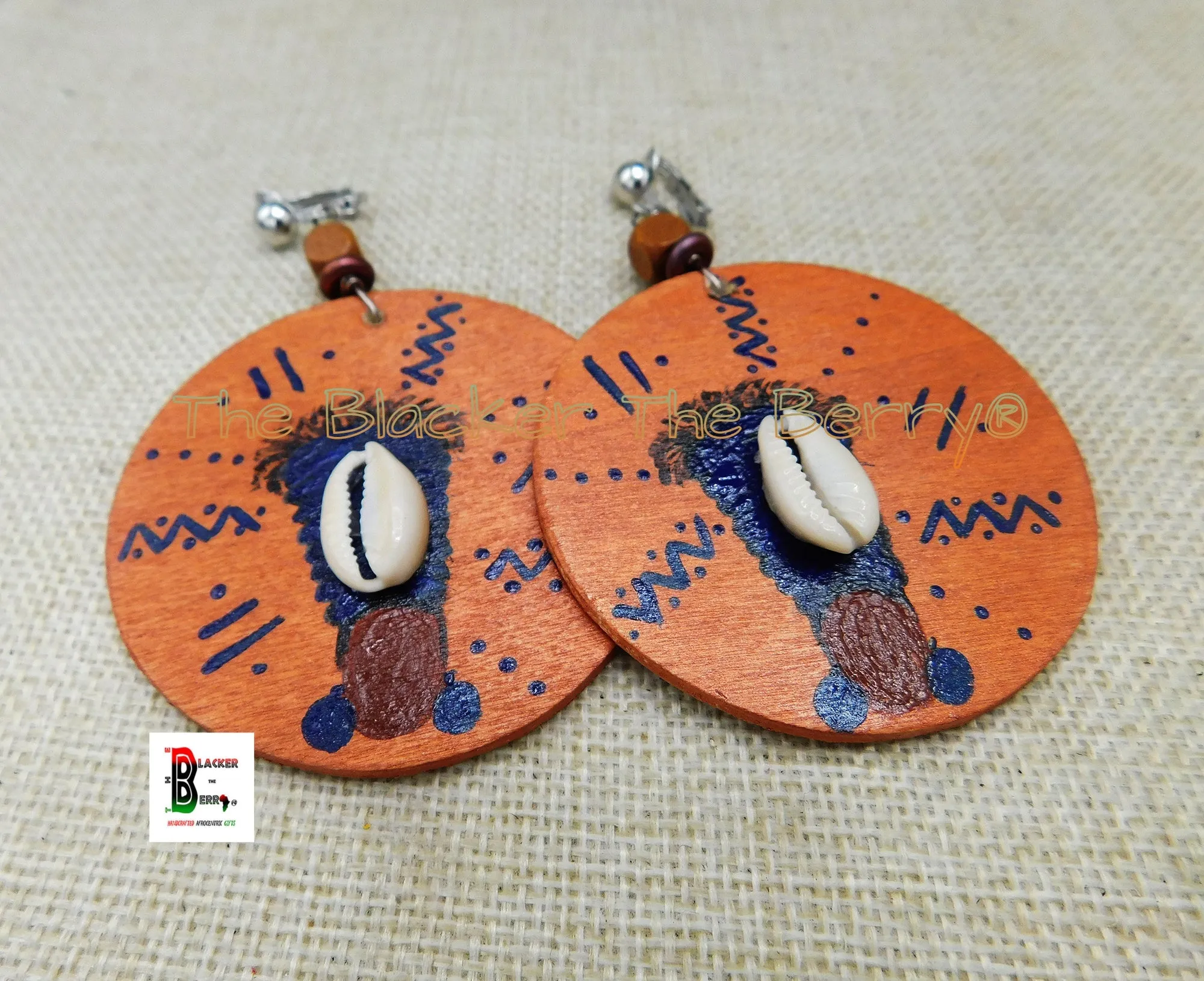 Black Women Clip On Earrings, Cowrie Hand Painted, Handmade Non Pierced.