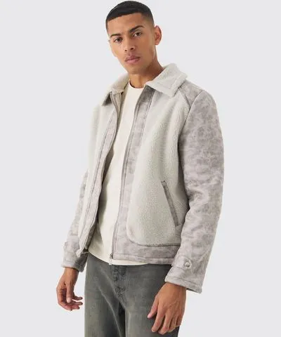 boohooMAN Mens Washed PU And Borg Panel Harrington Jacket In Grey