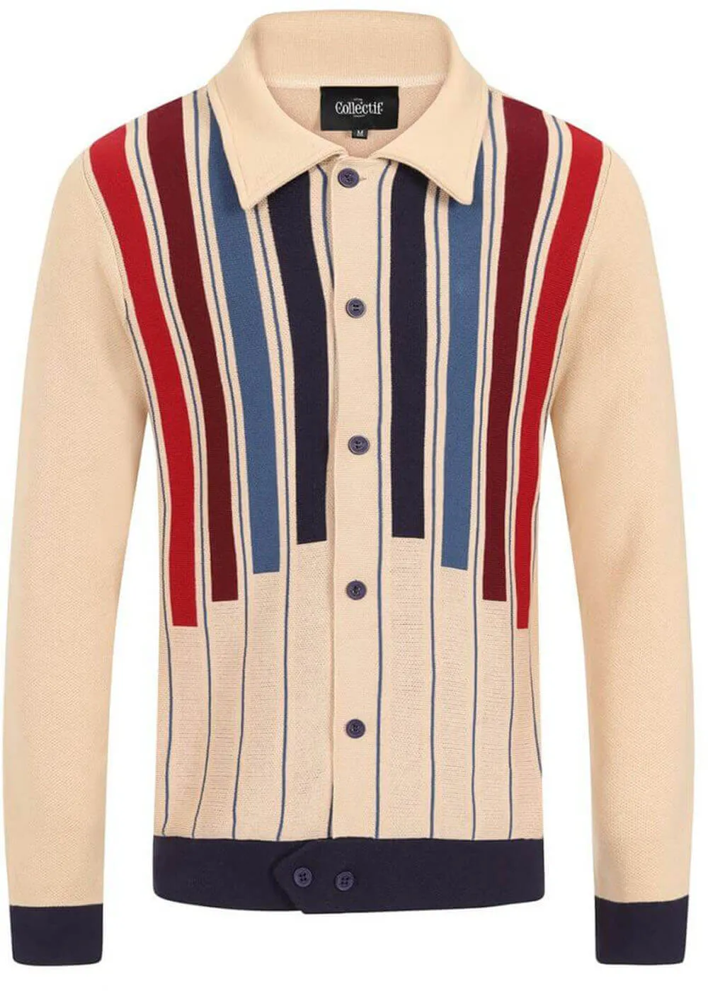 Collectif Men's Luca Equator Stripe Cream Knitted Cardigan 50's