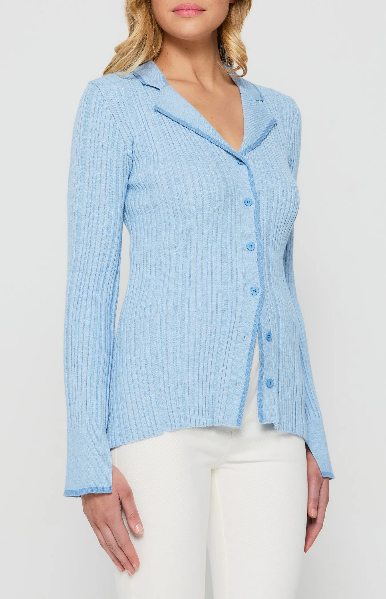 Contrast Binding Wide Rib Knit Top with Front Buttons (WKN593)