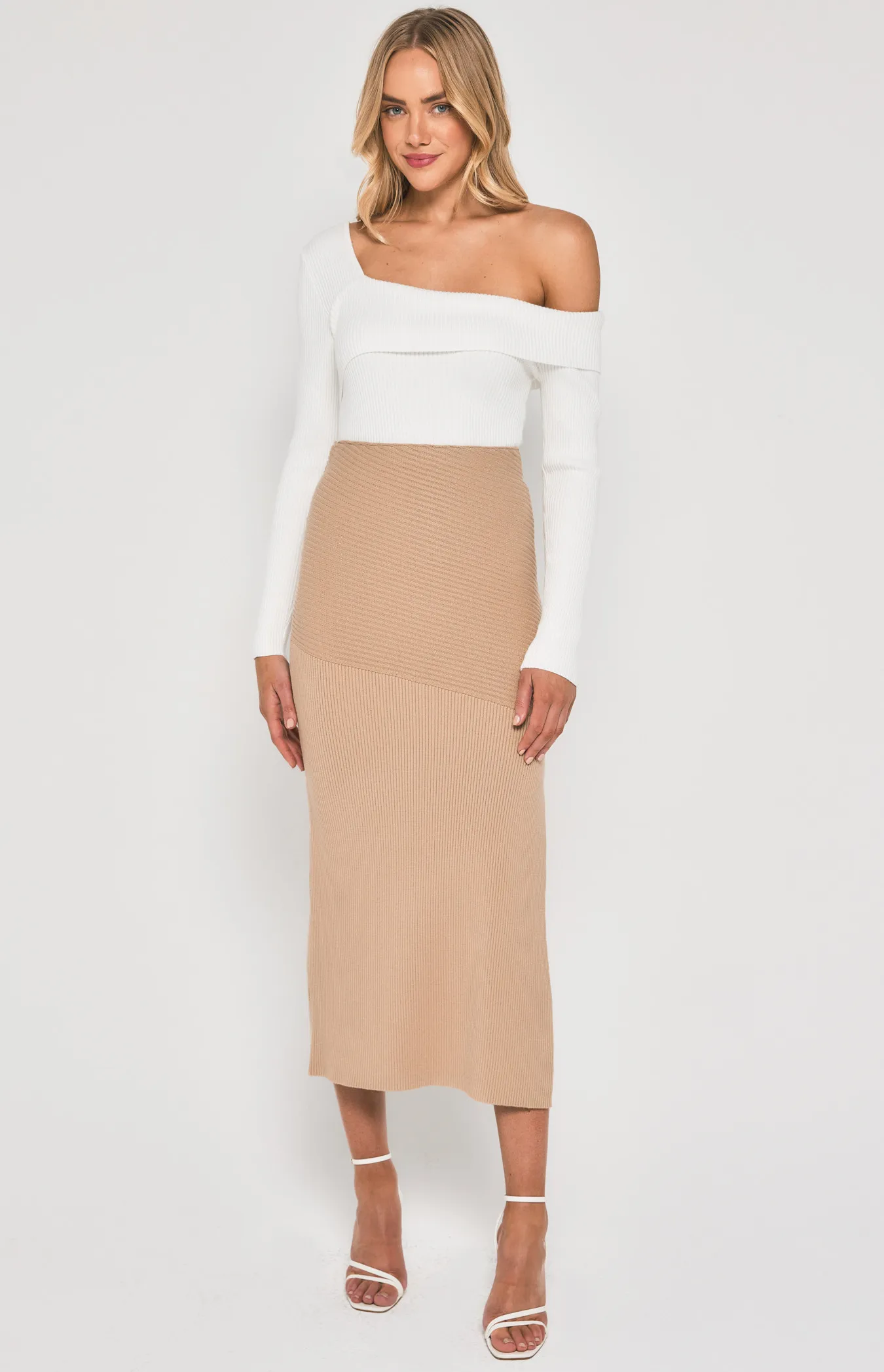 Contrast Rib Knit Midi Skirt with Side Split (SKN698)