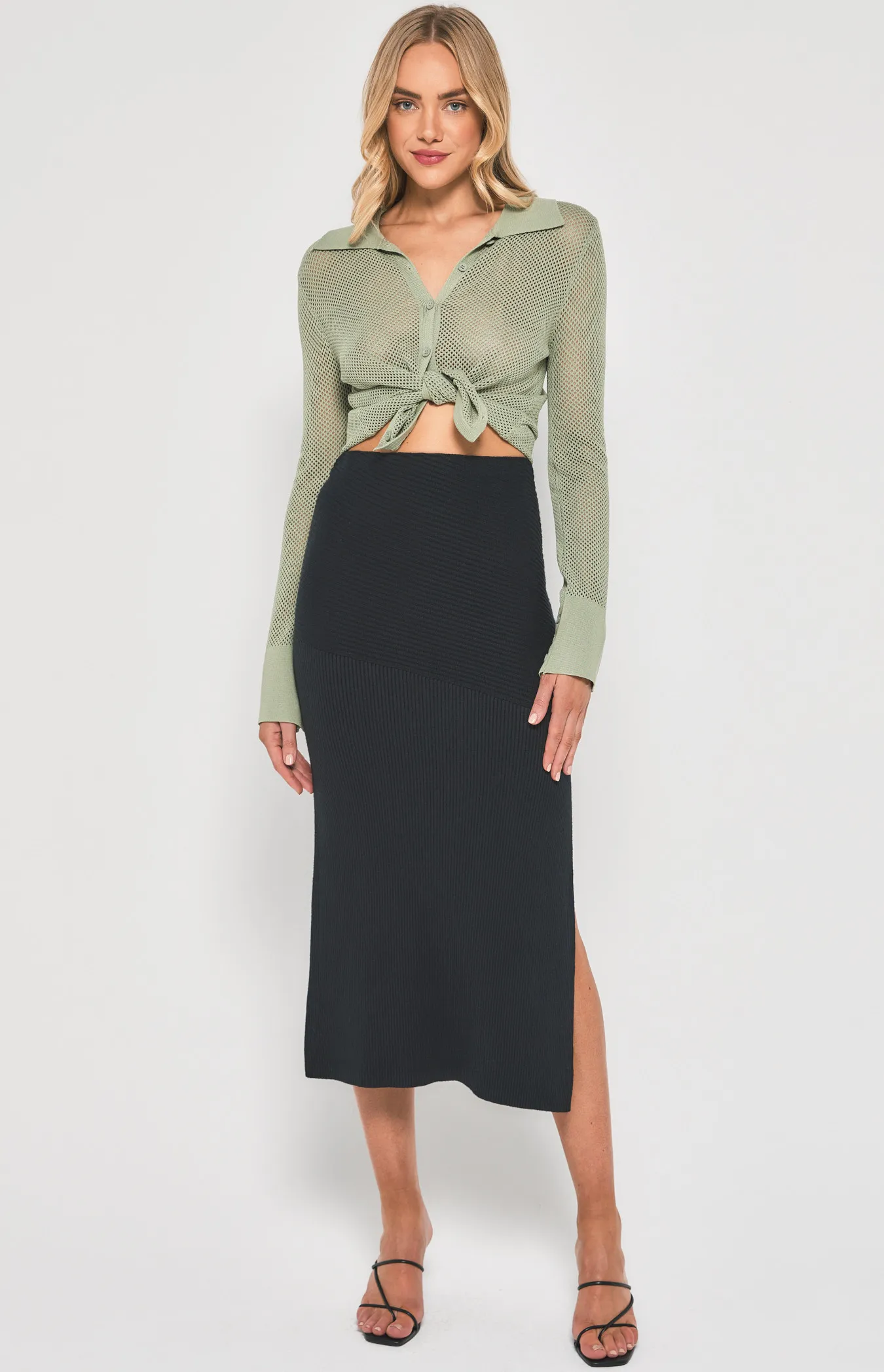 Contrast Rib Knit Midi Skirt with Side Split (SKN698)