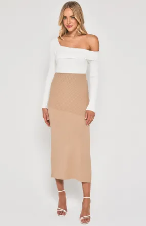 Contrast Rib Knit Midi Skirt with Side Split (SKN698)