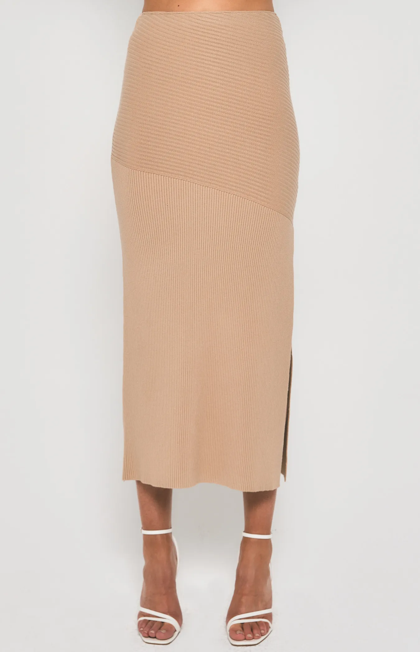 Contrast Rib Knit Midi Skirt with Side Split (SKN698)