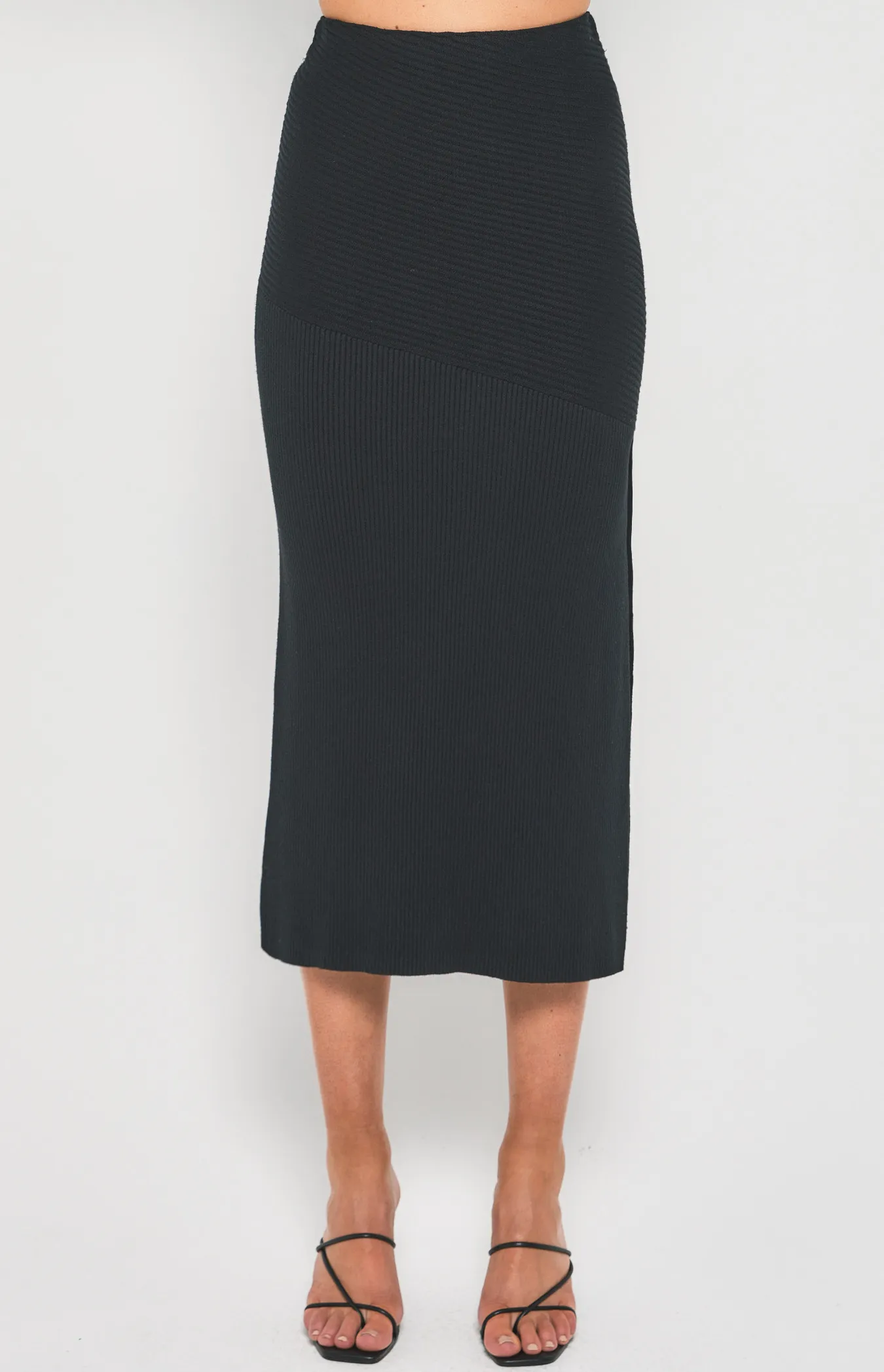 Contrast Rib Knit Midi Skirt with Side Split (SKN698)