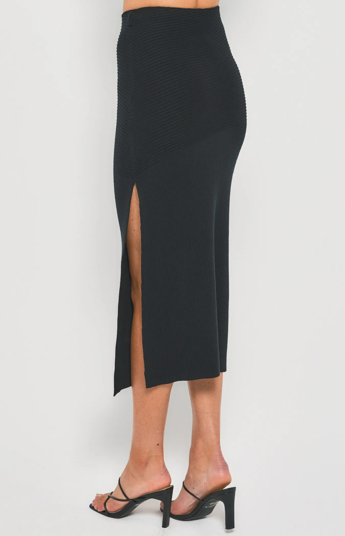 Contrast Rib Knit Midi Skirt with Side Split (SKN698)