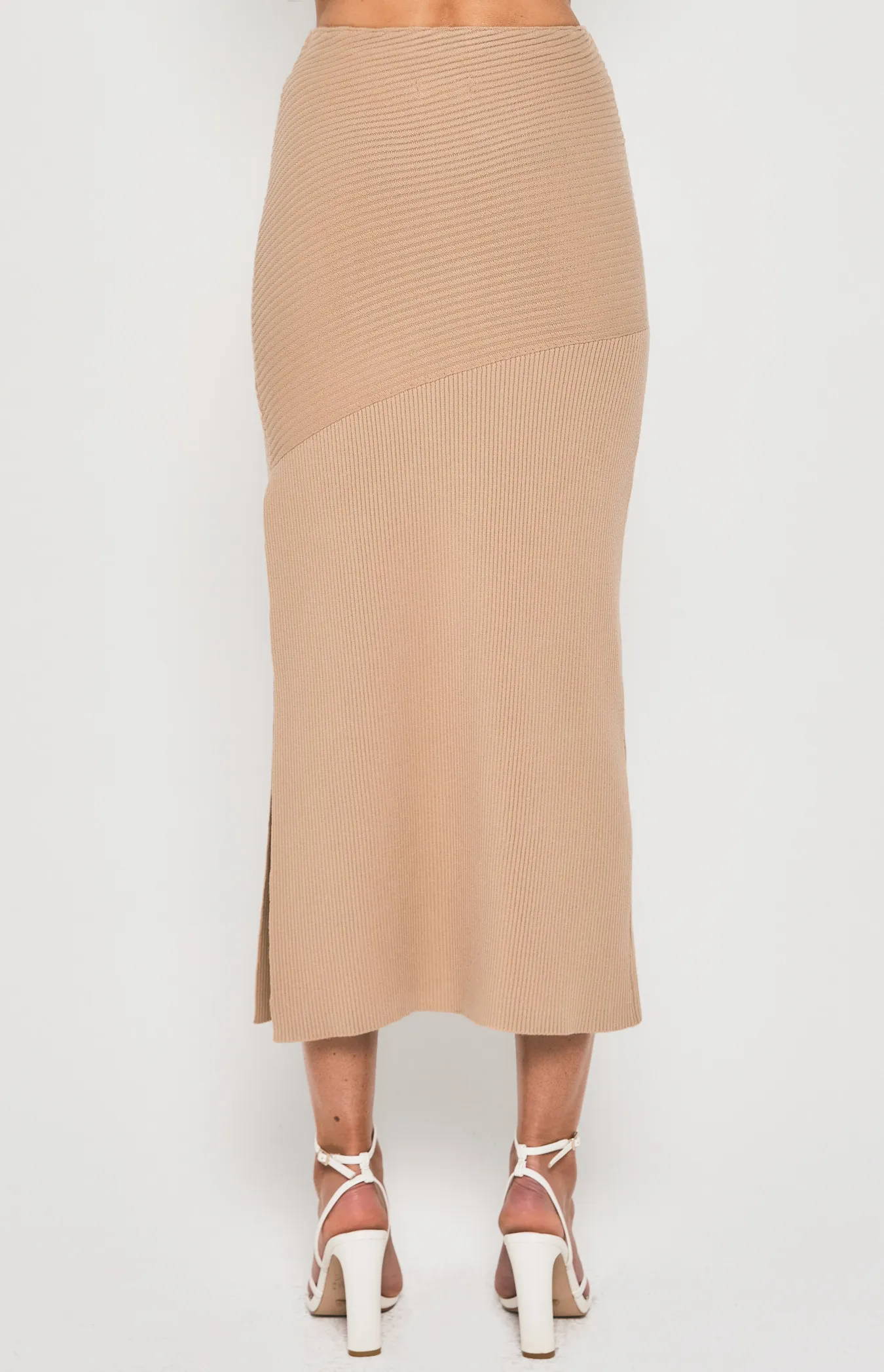 Contrast Rib Knit Midi Skirt with Side Split (SKN698)