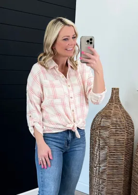 Coral Cream Plaid Top for Sale.