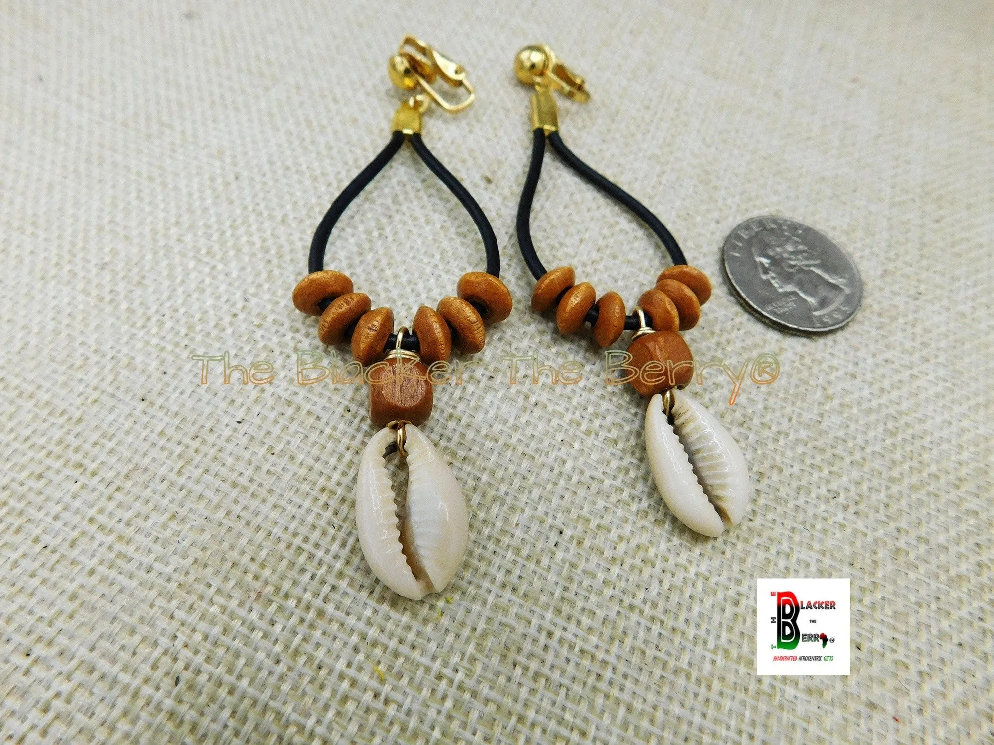 Cowrie Clip On Earrings - Leather & Wooden Beaded, Women's Non Pierced Dangle Jewelry