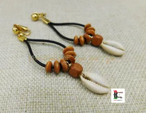 Cowrie Clip On Earrings - Leather & Wooden Beaded, Women's Non Pierced Dangle Jewelry