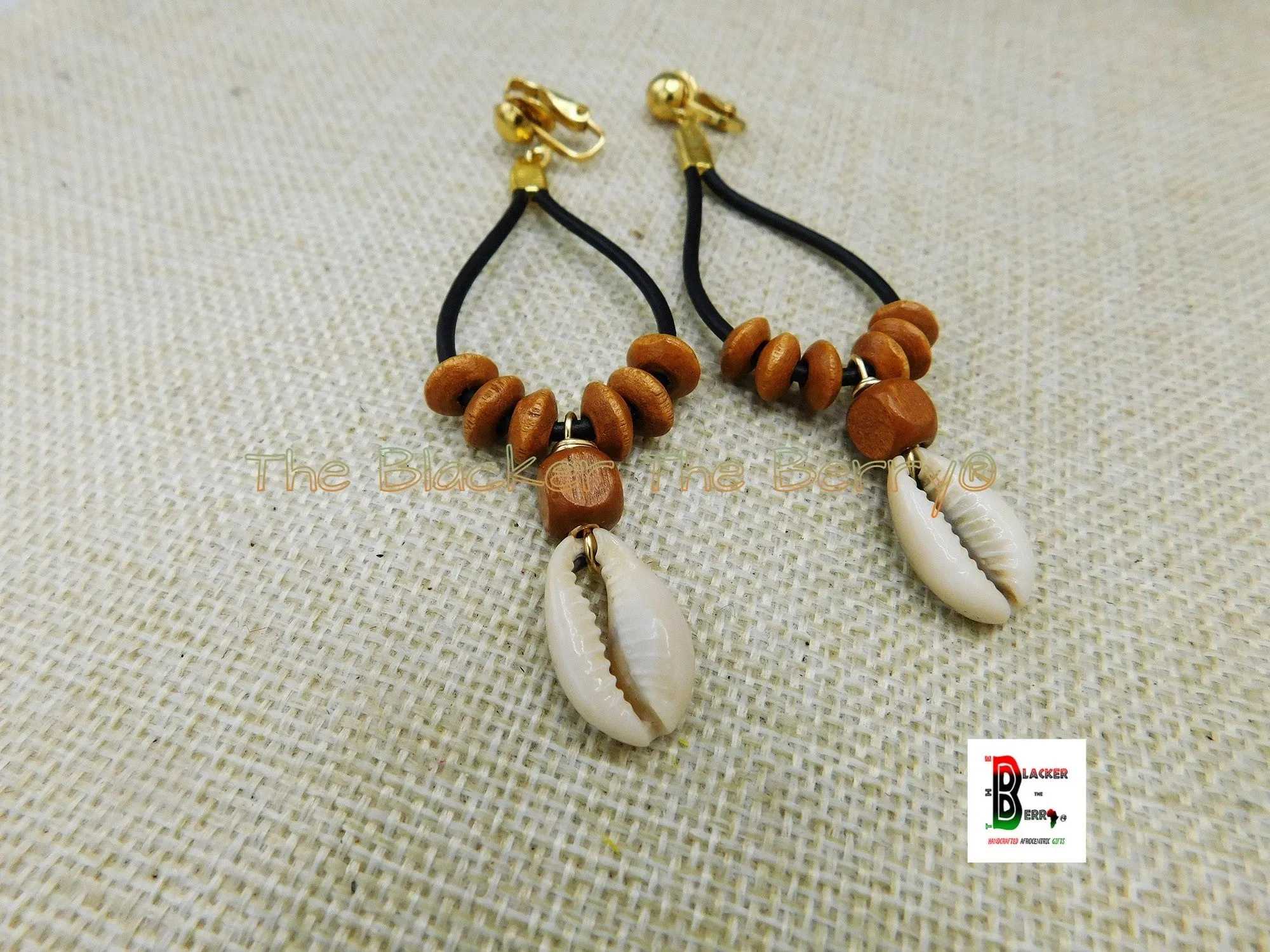 Cowrie Clip On Earrings - Leather & Wooden Beaded, Women's Non Pierced Dangle Jewelry