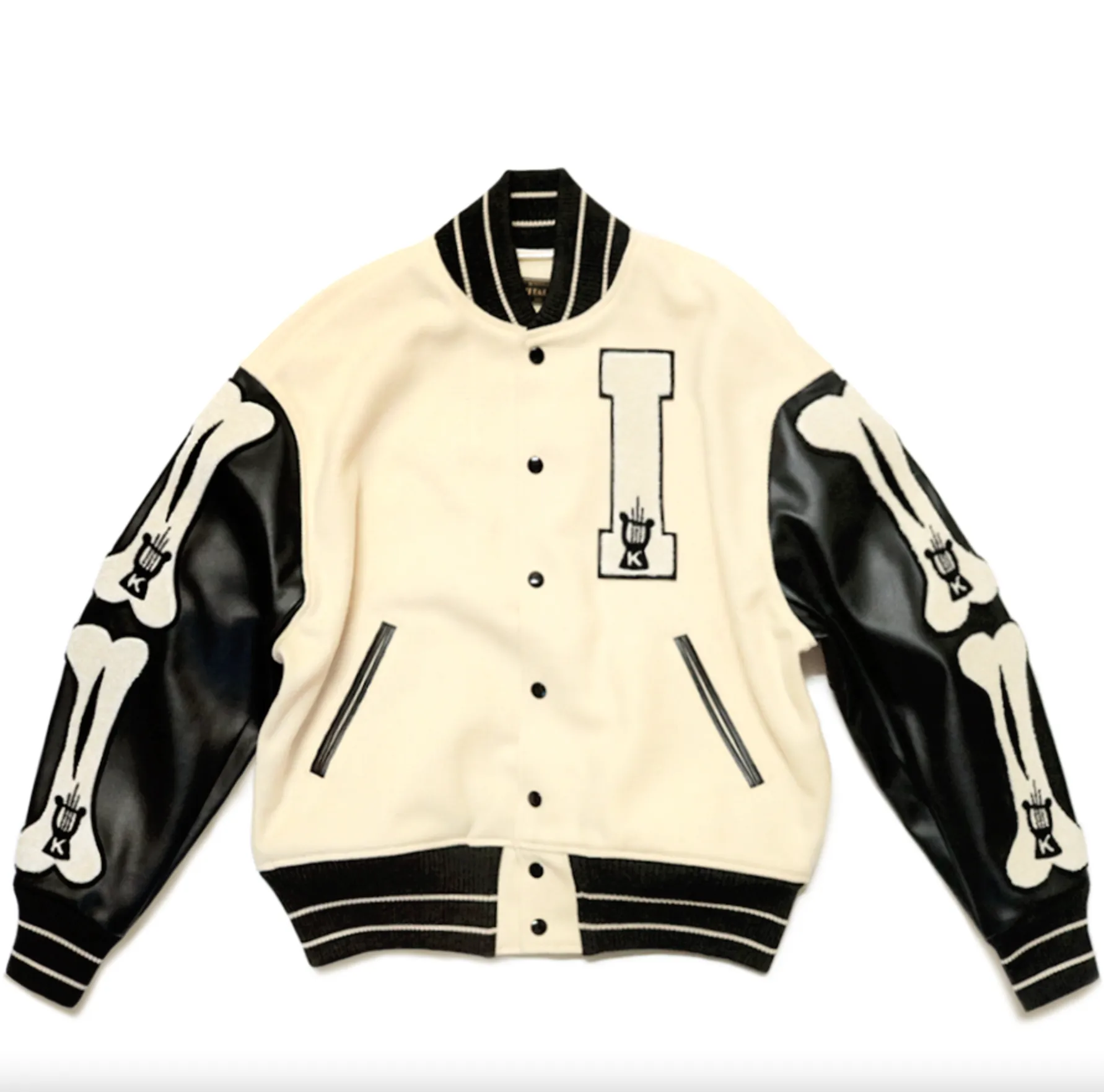 Creamy white faux leather and wool-blend varsity jacket