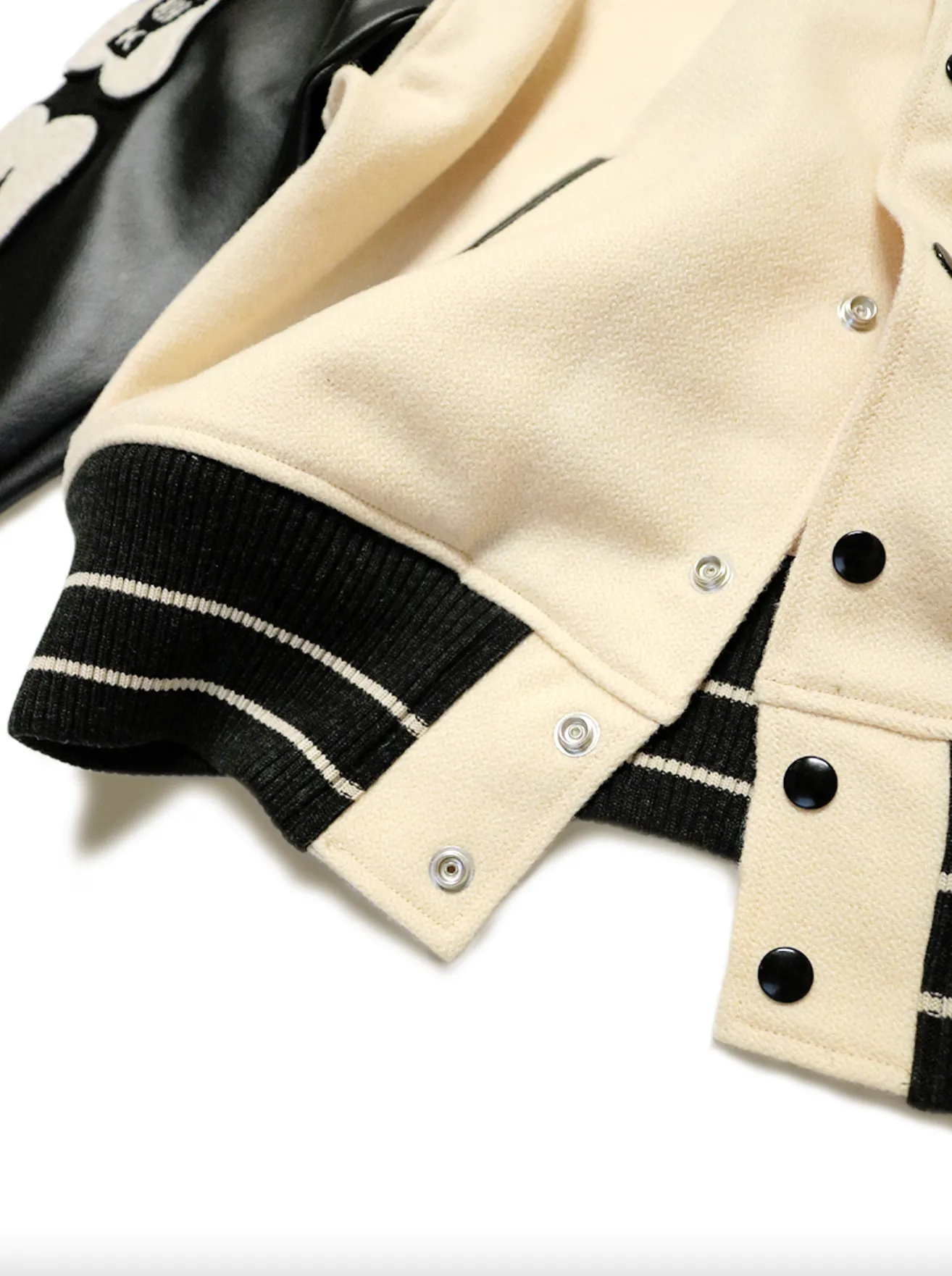 Creamy white faux leather and wool-blend varsity jacket